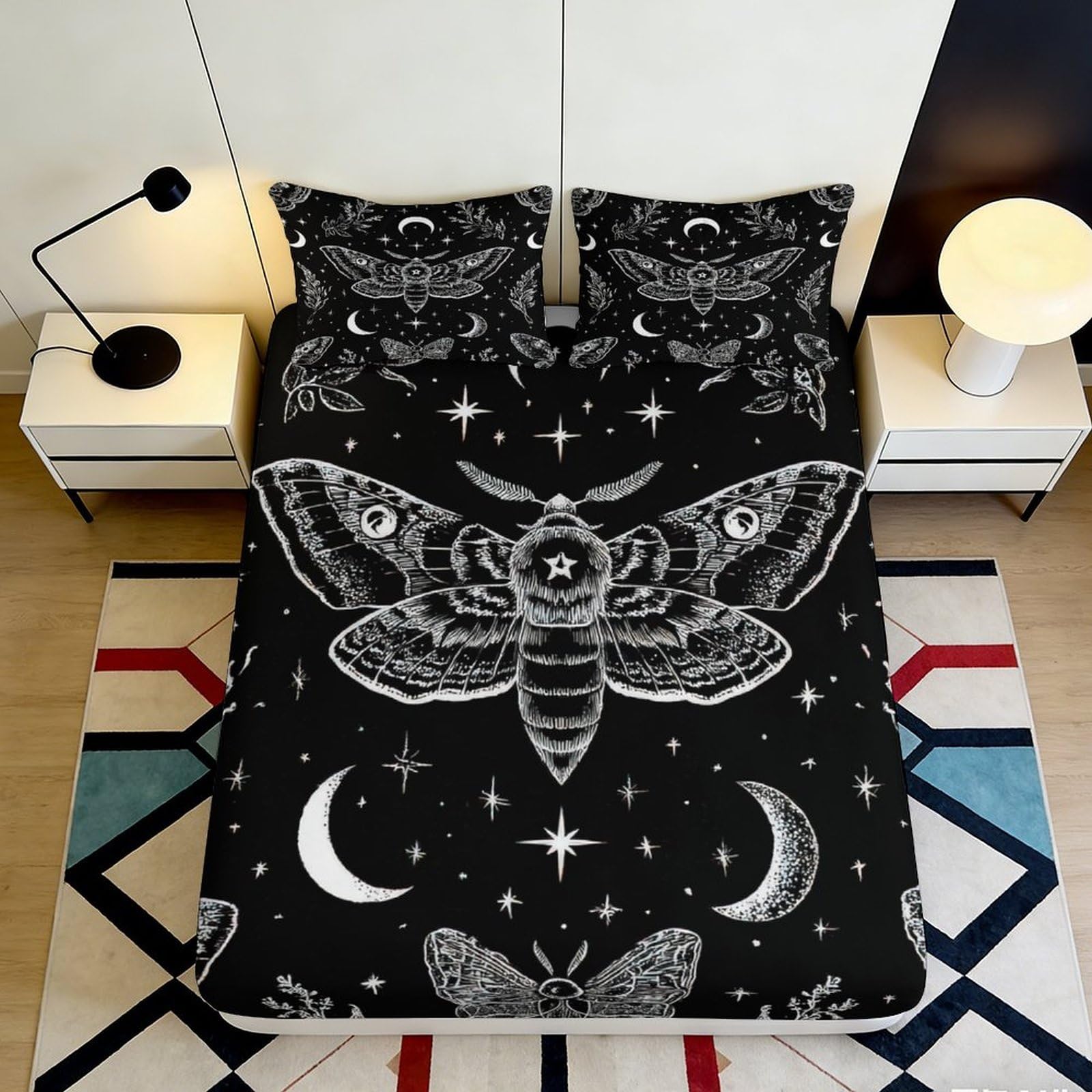 3D Printed Moth Moon Fitted Sheet Microfiber Black Gothic Star Mattress Cover for Bedroom Dorm Mattress Decor 90x200x25cm