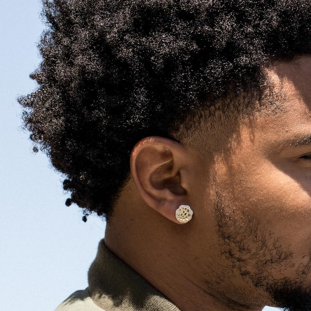 Round 14K Yellow Gold Plated 925 Sterling Silver Screw Back Post Circle Big 90's Hip Hop Ice Out Cz Hypoallergenic Solid Gold Nugget Stud Earrings For Men - Image 4