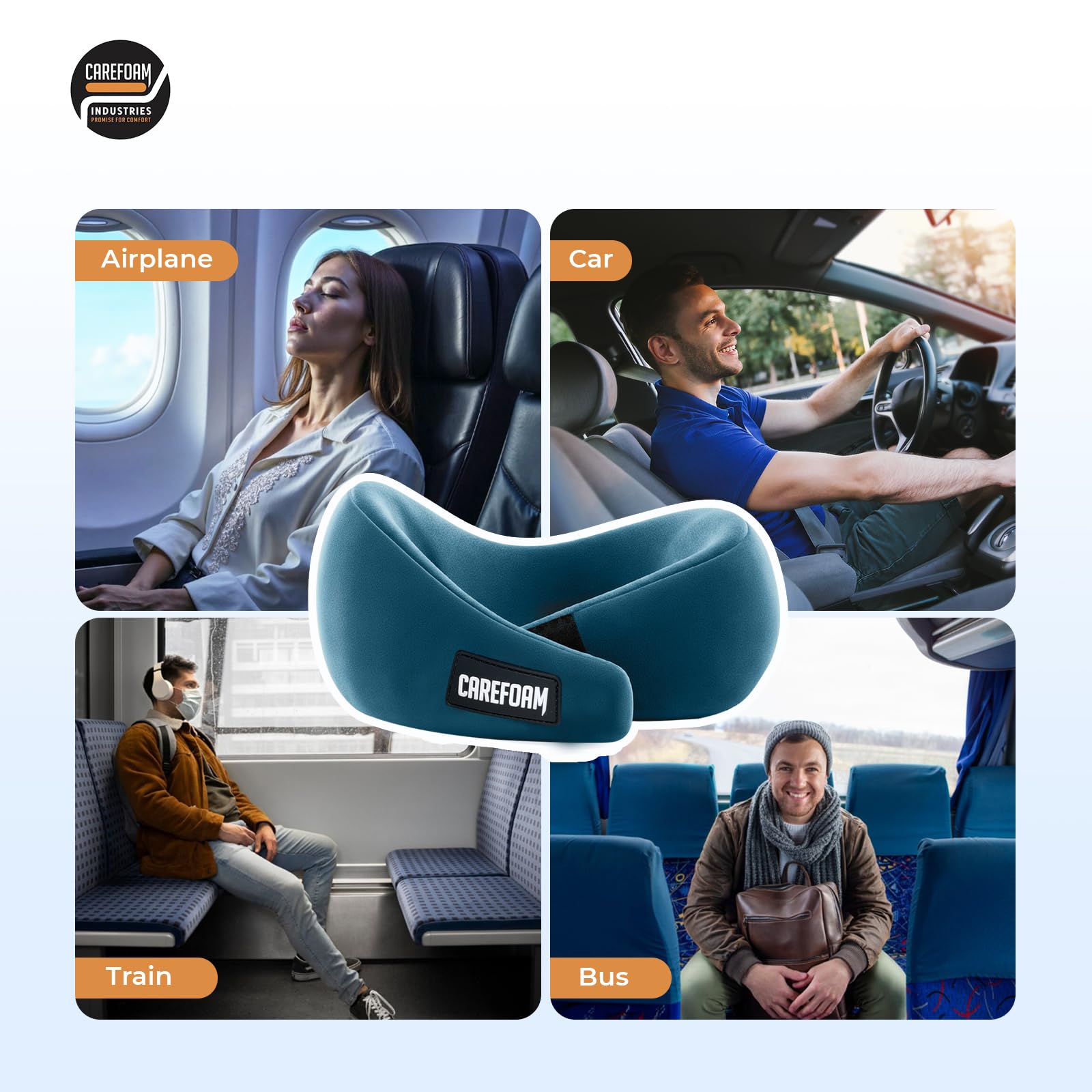 CareFoam Virgin Memory Foam Travel Neck Pillow for Airplane, Car & Train – Dual Height (5" & 4") 360° Neck Support with Adjustable Velcro Fastening & Ultra-Soft Velvet Cover 4