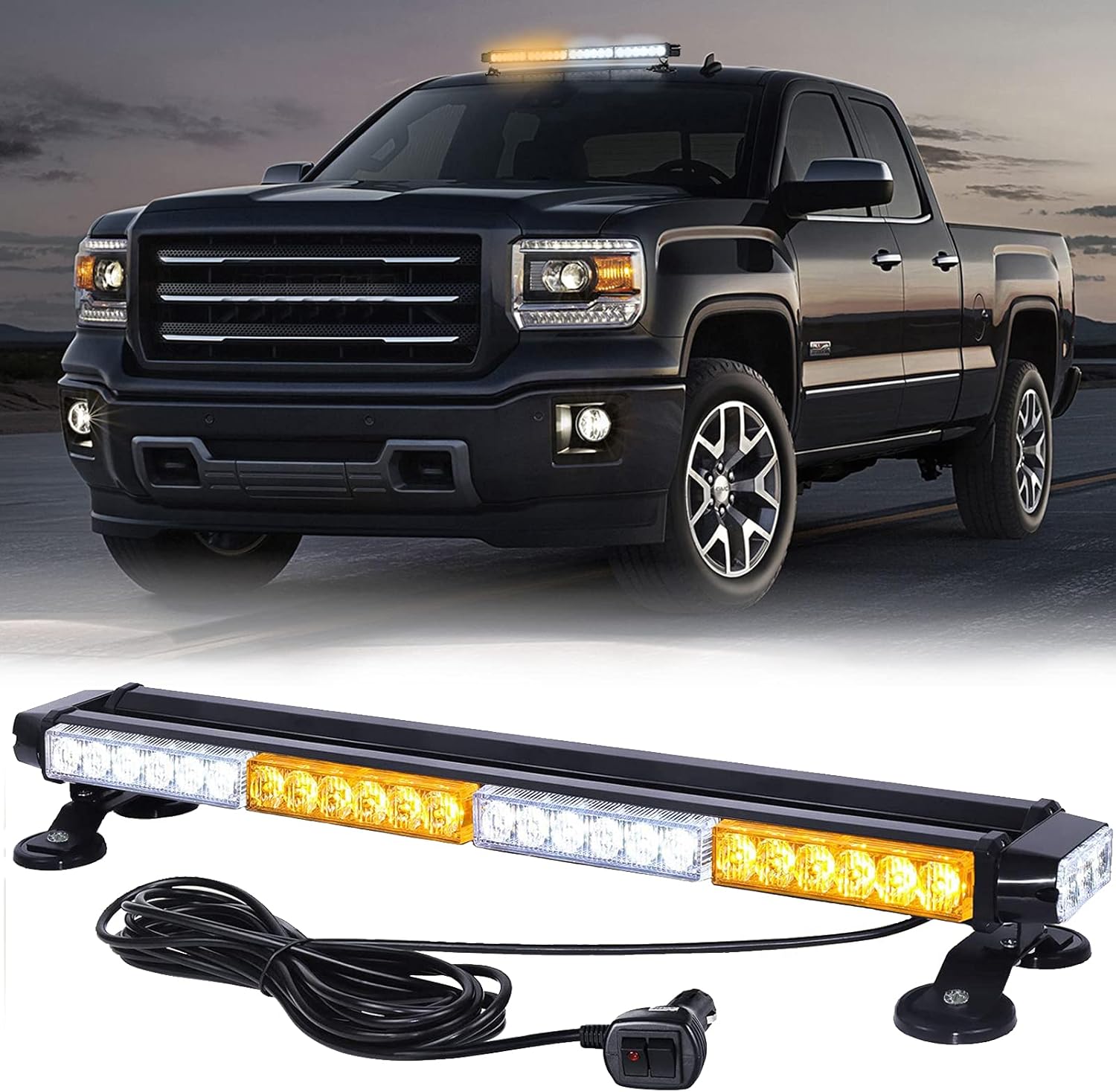 Strobe Lights for Trucks, White Amber 26" 54 LED Roof Top Double Side Emergency Security Flash Strobe Light Bar Warning Magnetic Base for Construction Vehicles Tow Trucks Vans Tractor Snowplow : Automotive