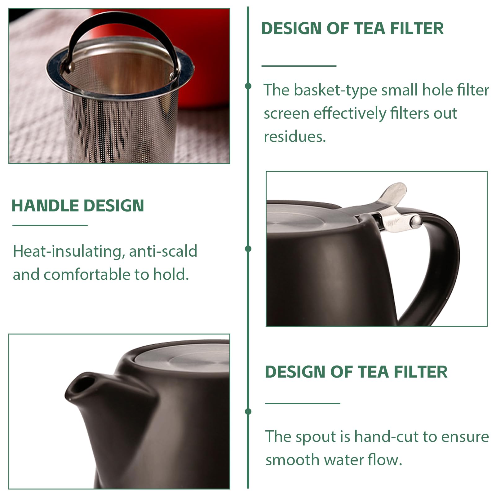 Tetera con filtro de 500 ml, tetera de cerámica negra con colador de acero inoxidable extraíble, tetera de porcelana para té suelto y bolsitas de té