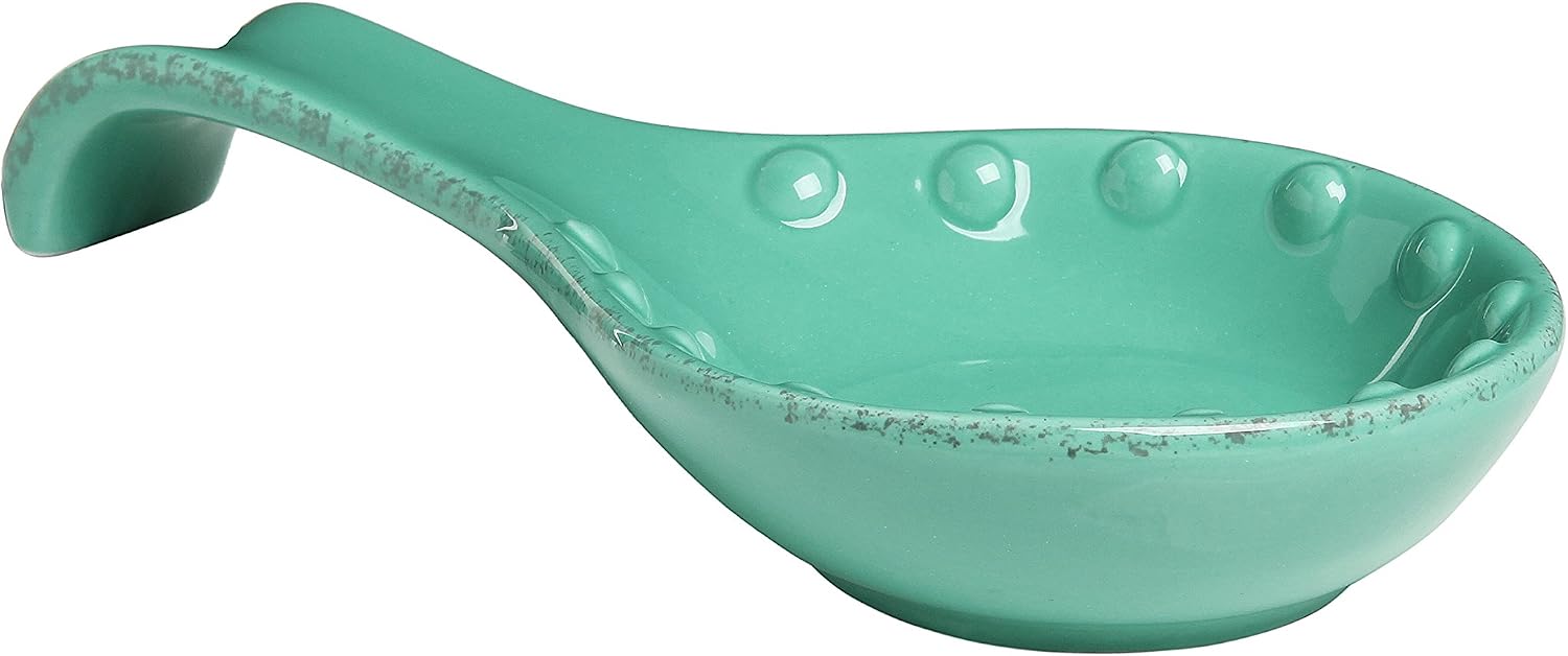 MyGift® Turquoise Ceramic Spoon Rest with Dot Design, Countertop Cooking Spoon and Ladle Holder