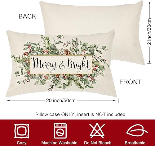 Miniatura 7 de AOKE Funda de almohada de muérdago de eucalipto navideño Merry & Bright de 12 x 20 pulgadas, funda de almohada lumbar decorativa de invierno para
