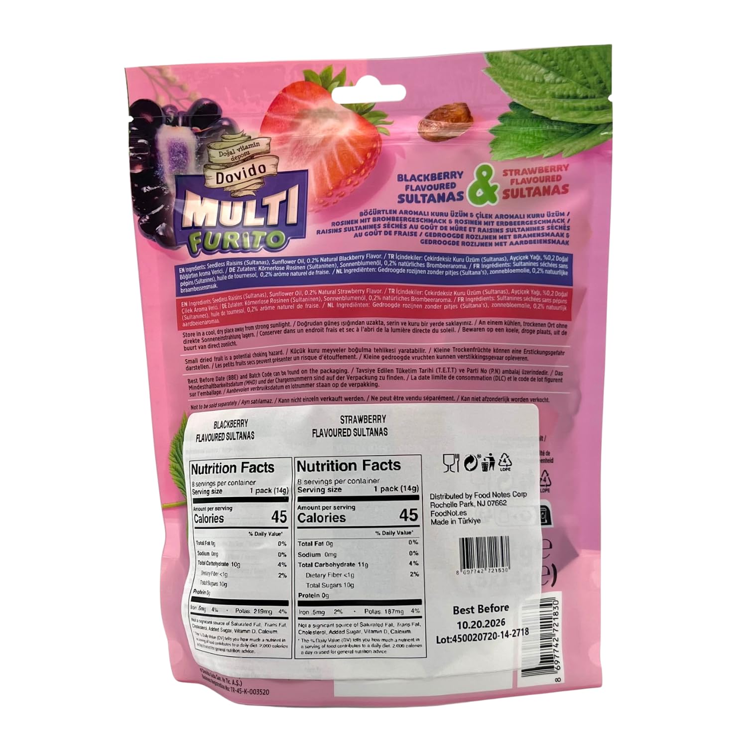 Dovido Multi Furito Naturally Flavoured, Raisins Variety Pack, Perfect for School Lunches, 0.5 Oz (Pack of 8), Gluten Free, Vegan (Pack of 4, Strawberry - Blackberry)
