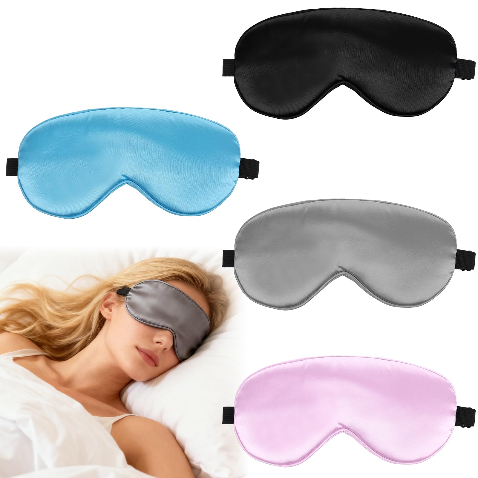 4 PCS Silk Sleep Eye Masks, Soft Satin Sleeping Mask with Adjustable Strap Elastic Blindfold for Sleeping Blocking out Lights Eye Sleep Mask Eyes Covers for Women Men Kids Girl Eyeshade Travel and Nap