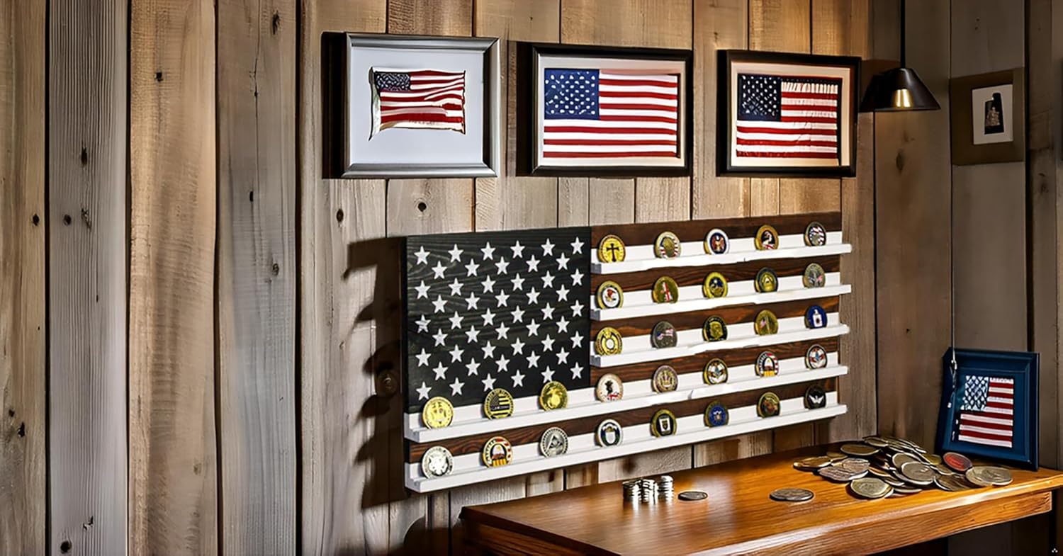 Handmade Large Challenge Coin Display Frame 28” x 12”, Coin Holder Wooden American Flag Wall Mount Décor, Military Rack Casino Poker Chip Storage Medal Organizer Case for Police, Veteran, Patriotic