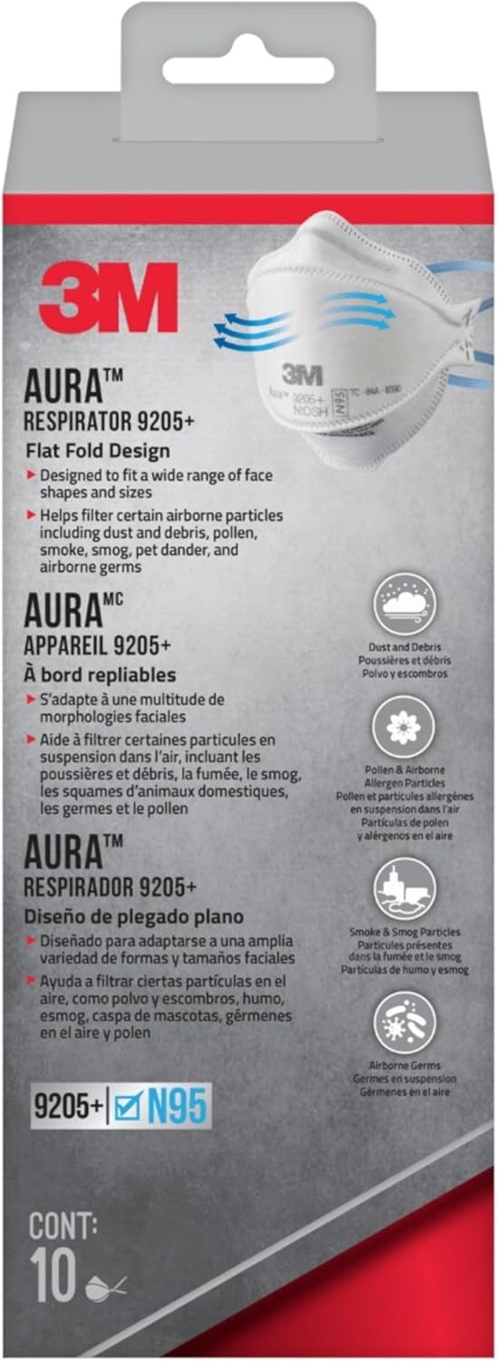 3M Aura 9205+ N95 Respirator 10-Pack - Lightweight 3-Panel Mask for Comfortable Dust Protection