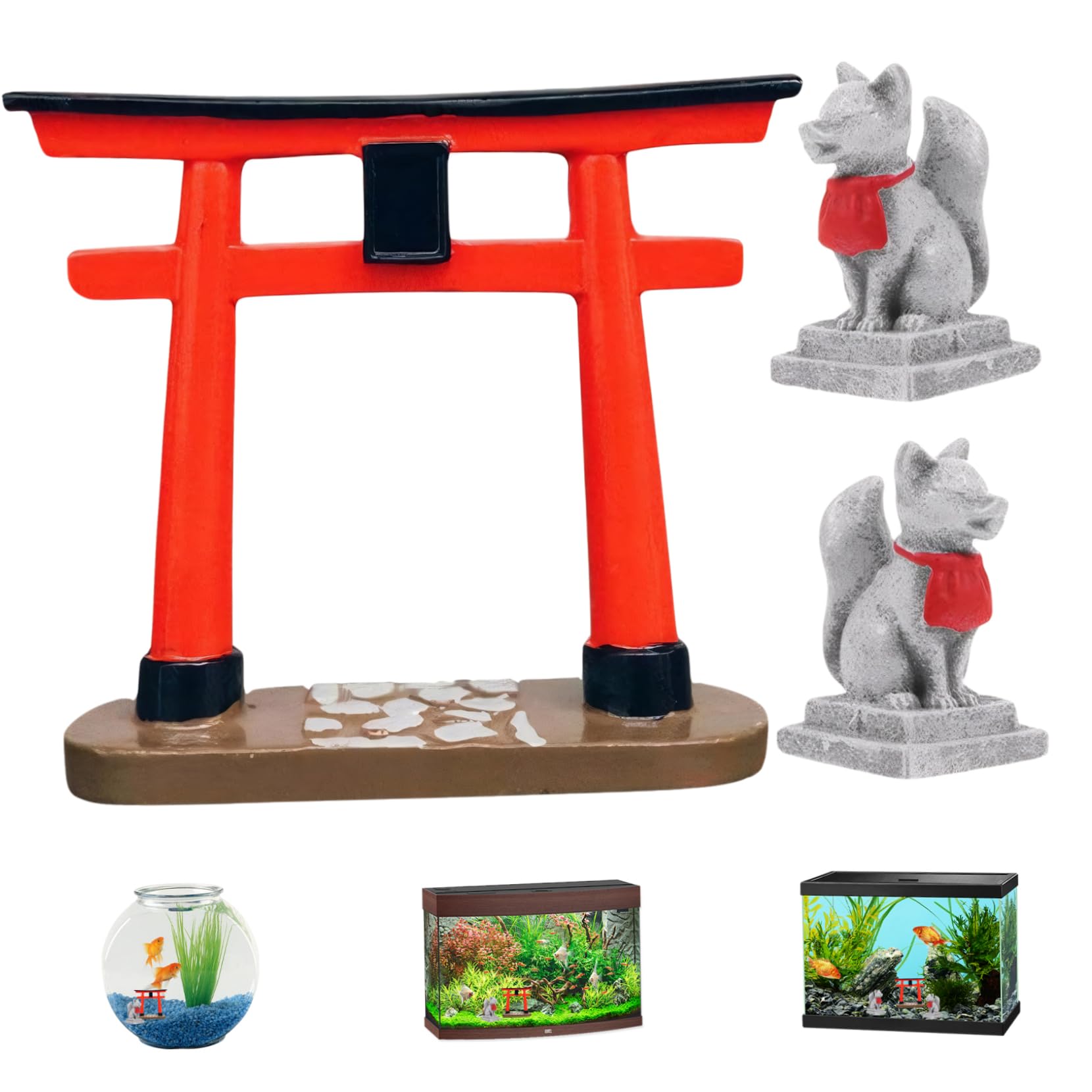 Japanese Decor, Resin Simulation Torii Gate and Fox Statue, Mini Zen Garden Accessories for Bonsai, Sand Table, Garden, Aquarium, Fish Tank Fox Statue Japanese Decor Fox Figurine Torii Gate