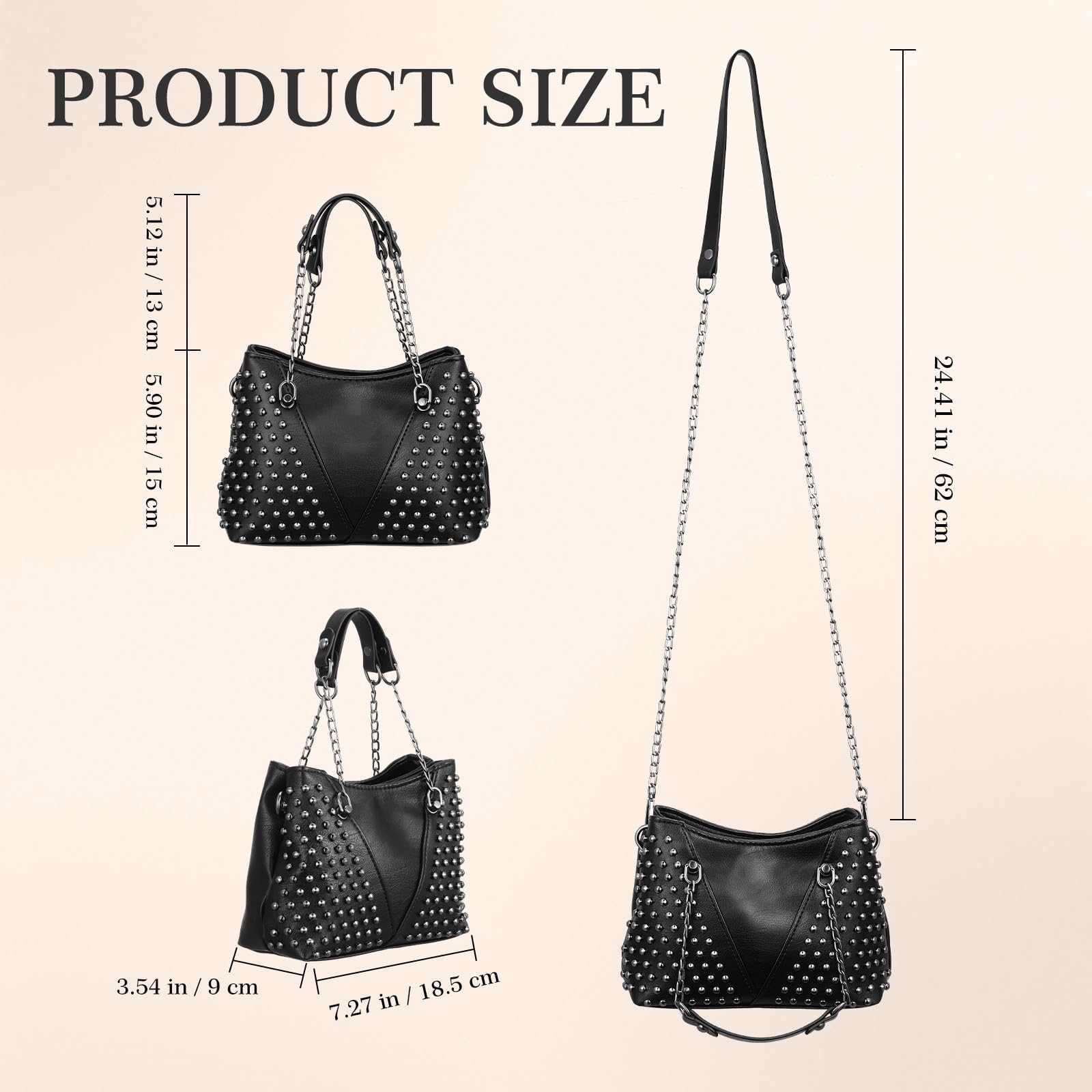 Bolso Bandolera Mujer PU Negro Remaches y Cadena, Mano