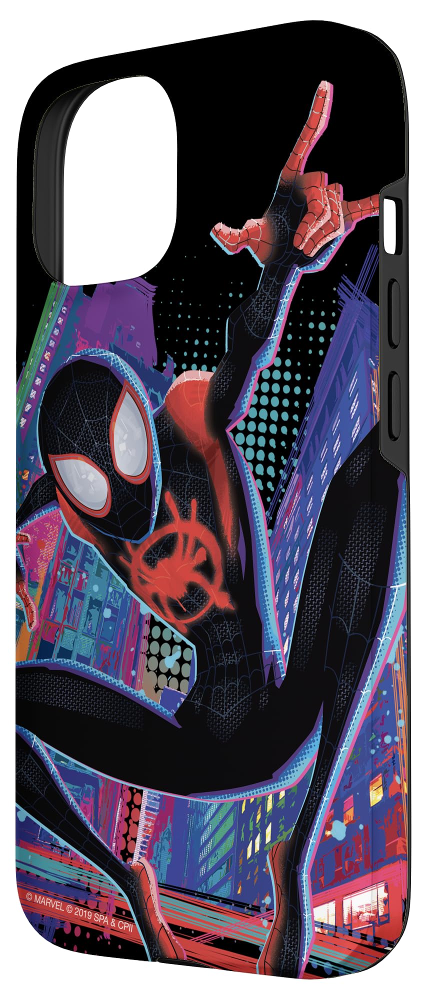 Custodia per iPhone 15 Marvel Spider-Man nella città di Spider-Verse Miles Morales