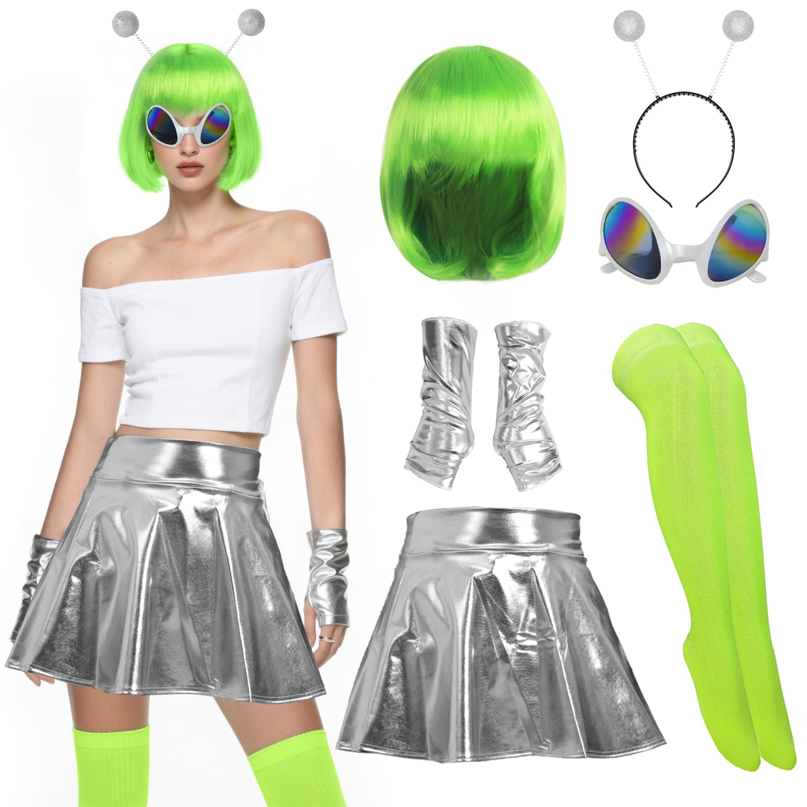 Photo 1 of Vegove 6Pcs Alien Costume Women, Metallic Skirt Antenna Headband Bob Hair Glasses Neon Green Space Accessories for Halloween (X-Large)