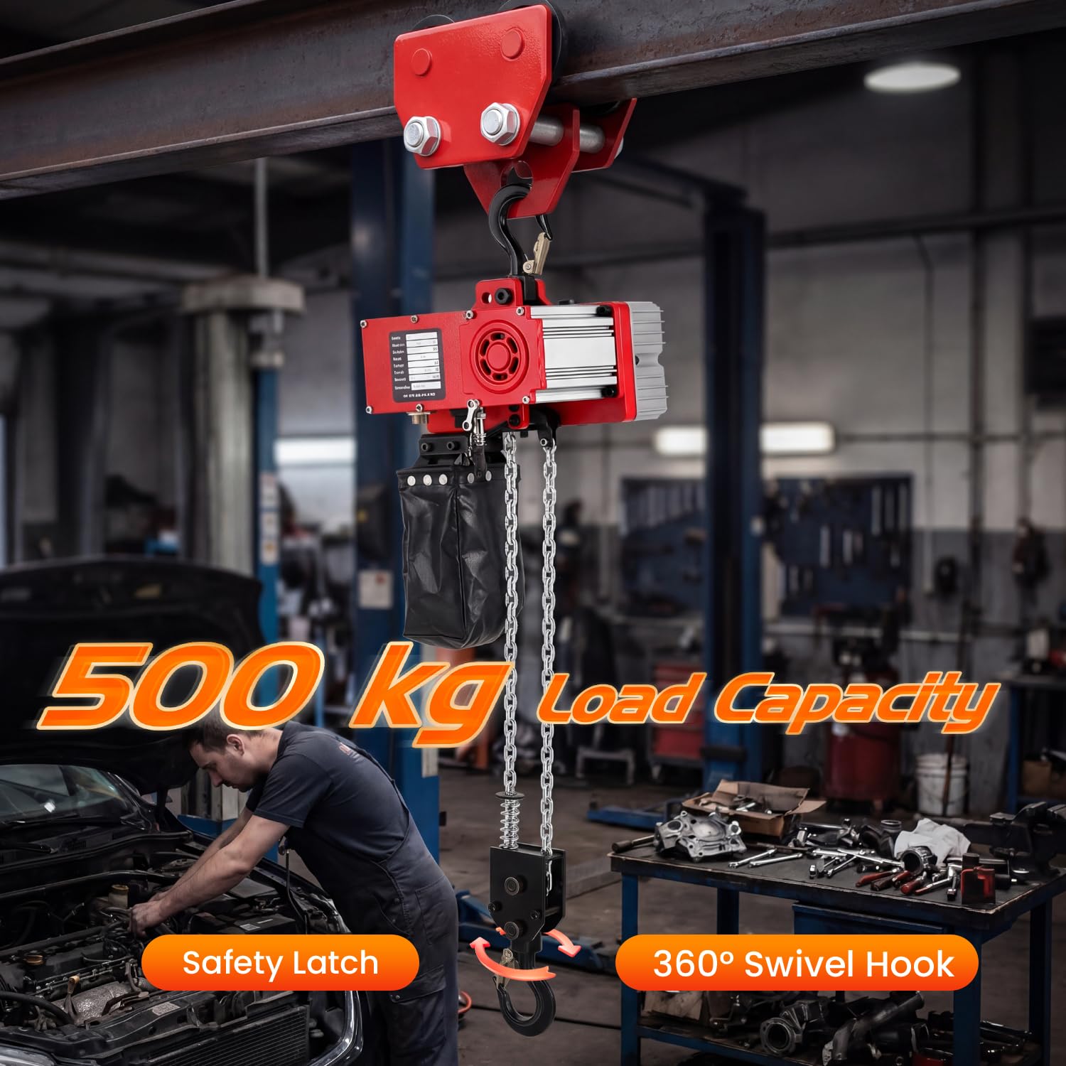 NEWTRY 500KG Elektrischer Kettenzug Bürstenlos zwei-Geschw. Einstellbar | Geräuscharmer Motor, 3m Hübhohe, kompakt und leistungsstark, mit verstärkter G80-Kette, geeignet für kleine Arbeitsbereiche