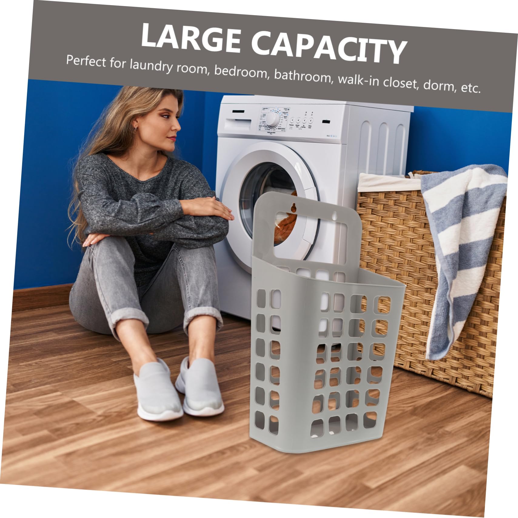 KOMBIUDA Plastic Laundry Basket Wall-mounted Organizer Large Foldable Storage Container for Clothes Toys and Household Supplies Grey White