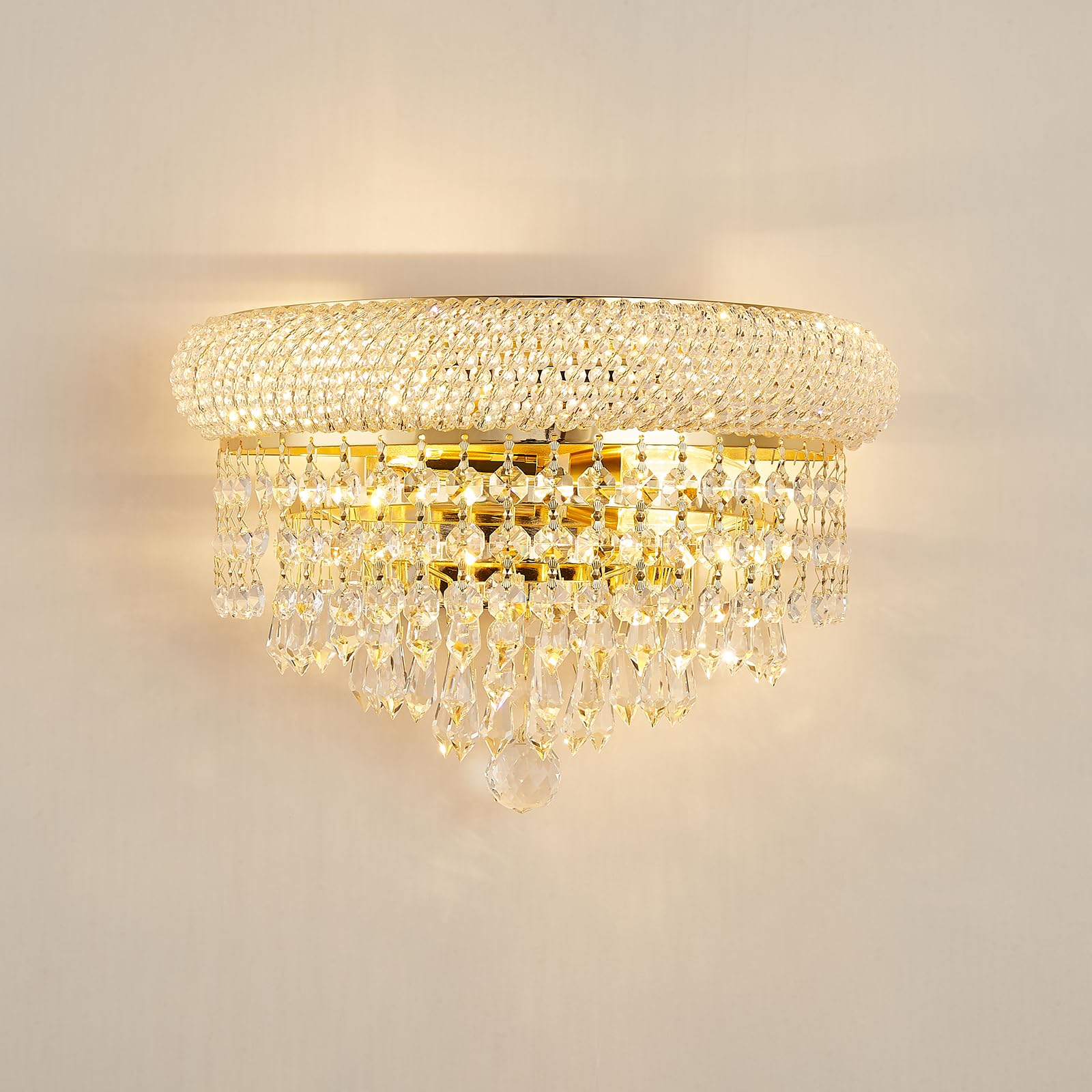 2-Lights Crystal Icicle Prisms Drops Wall Sconce Light for Living Room Dining Room Bathroom Vanity Mirrors Hallway Bedroom Closet Stairway(Gold)