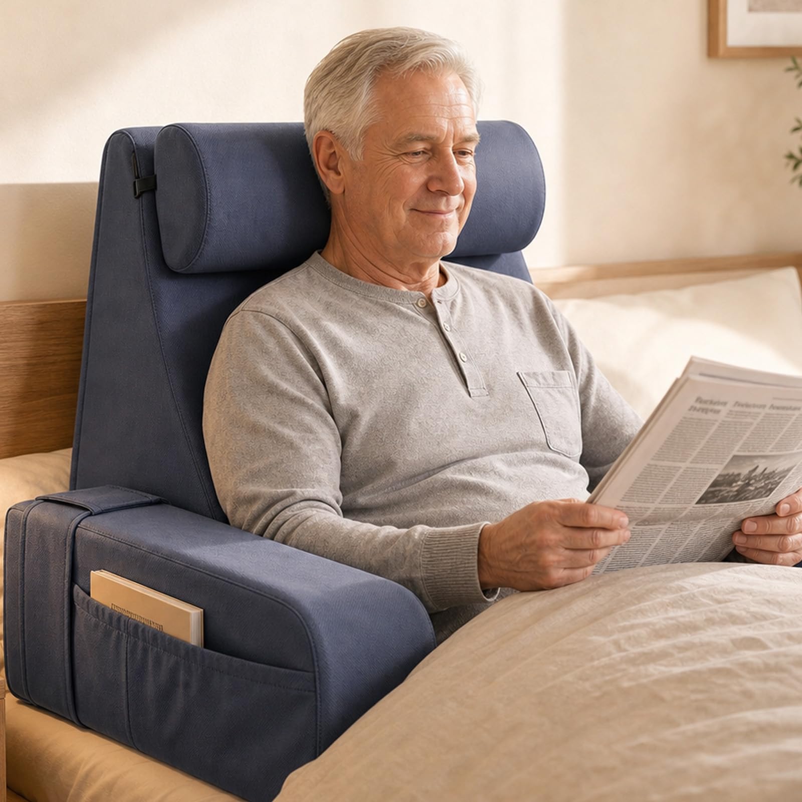 Lesekissen für Bett und Sofa, Ergonomisches Rückenkissen mit kühlendem Eisseide-Bezug, Memoryschaum, Verstellbarer Rückenstütze und abnehmbaren Armlehnen, großes Keilkissen zum Lesen 50cm