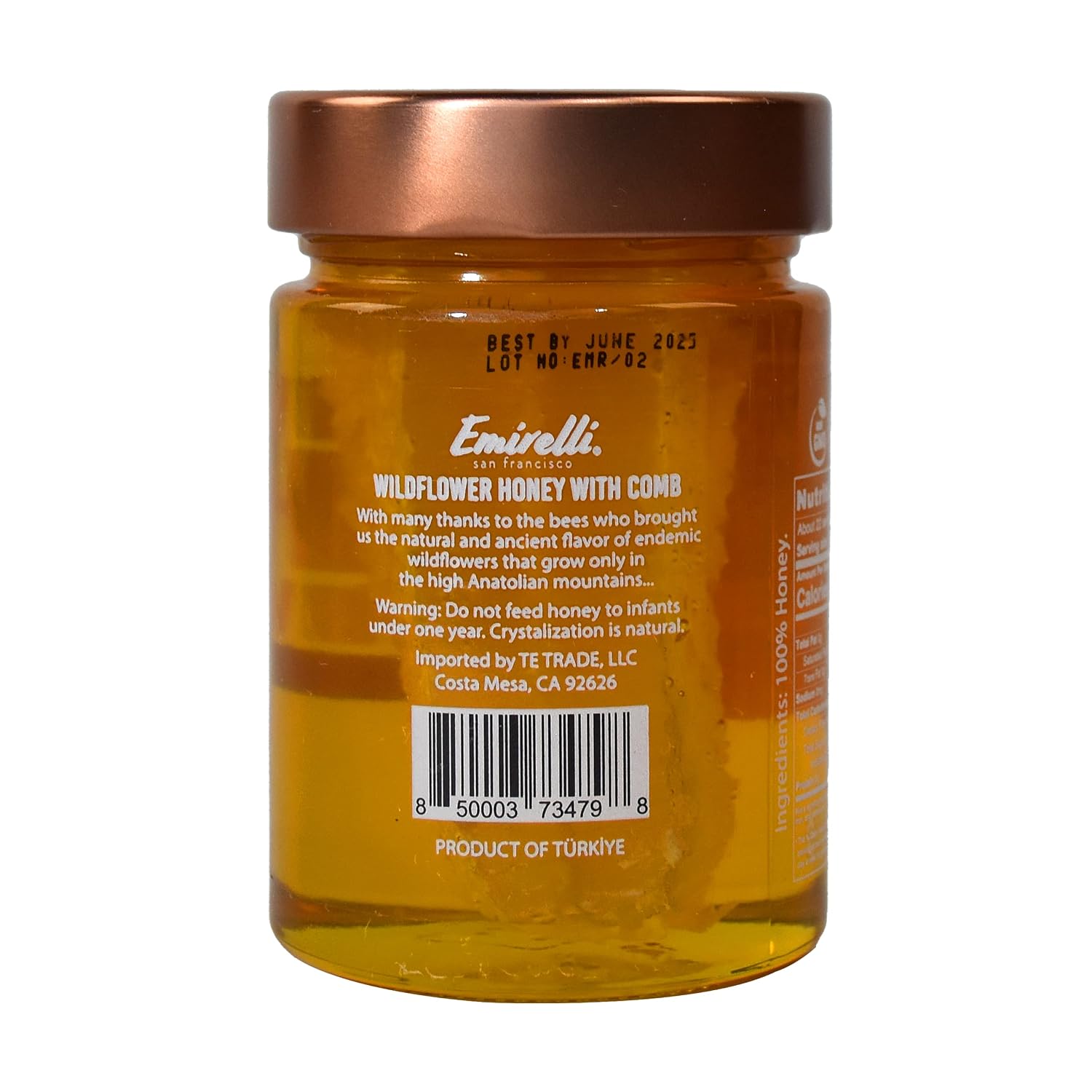 Emirelli Raw Wildflower Honey With Comb, 100% Pure Unfiltered Honey, All-Natural Honeycomb, No Additives, No Preservatives, Fresh, Cooking, Spreading, Baking Sweet & Healthy Food, Glass Jar - 16oz