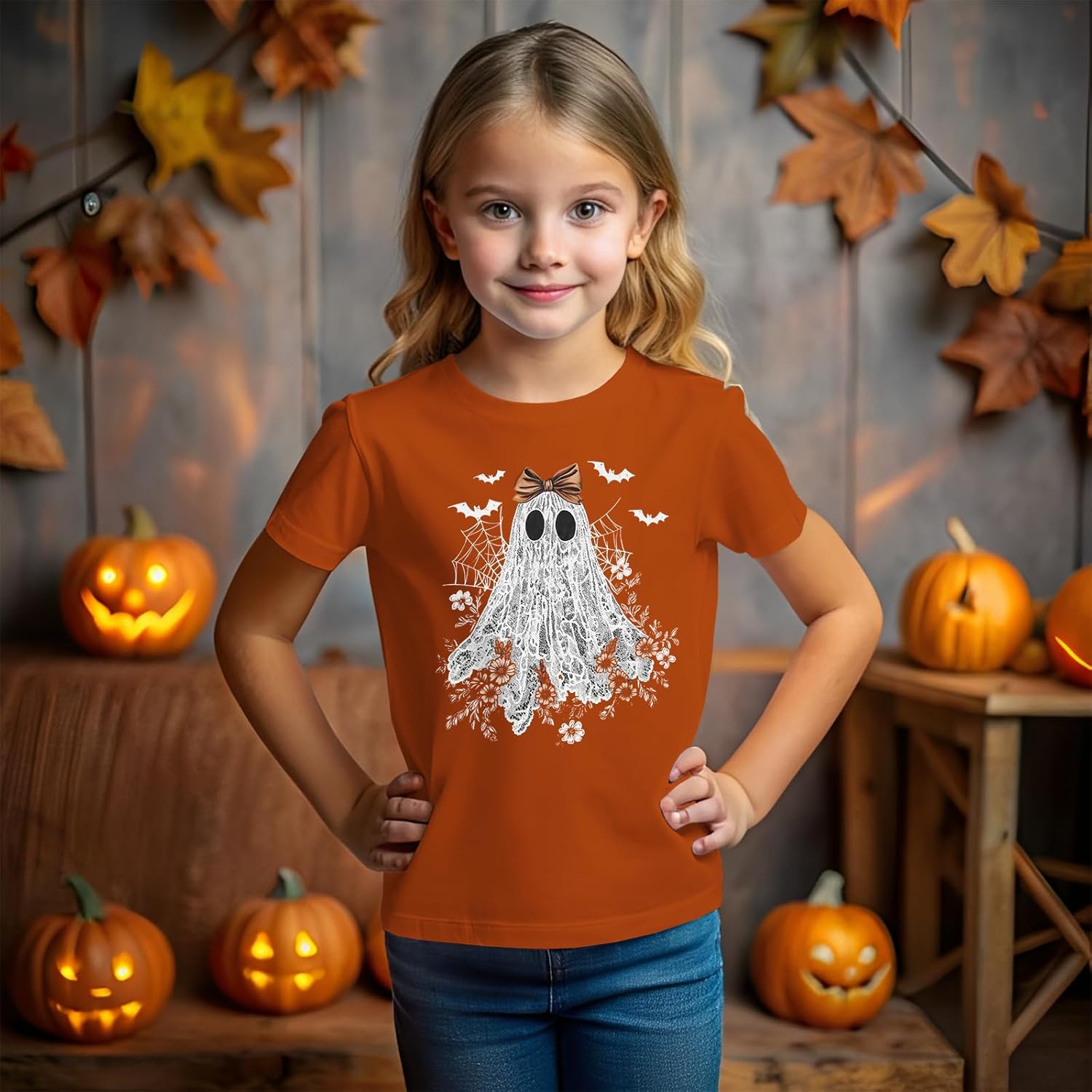 Halloween Shirts for Girls Floral Bow Lace Ghost T-Shirt Kid Spooky Season Outfit Boho Short Sleeve Tees Fall Tops - Image 3