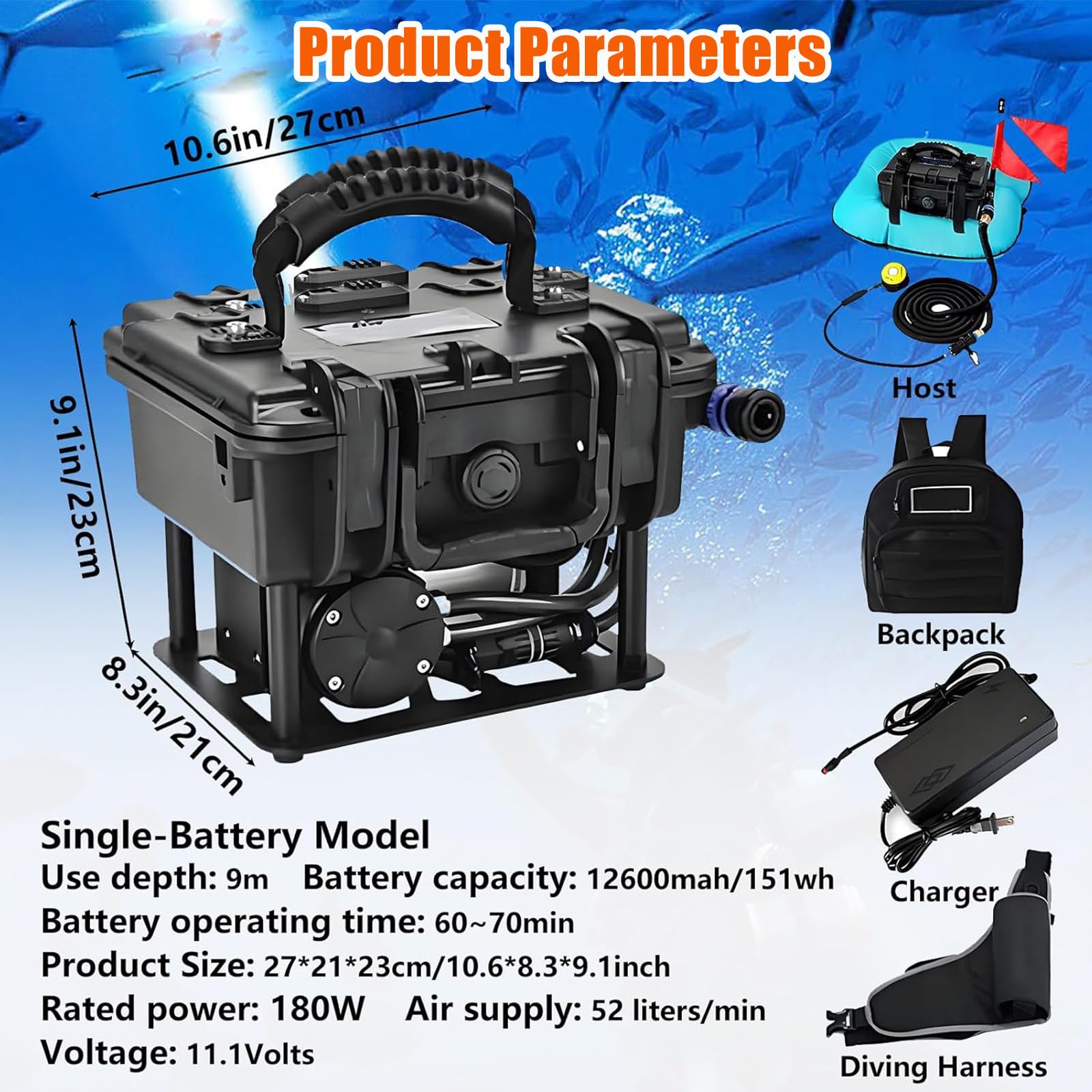 Bombona de Buceo Eléctrica con Compresor y Manguera de 9,5M. Equipo de Buceo Portátil con Filtro Activo para Limpieza de Cascos y Pesca Deportiva. Red-Singlebattery