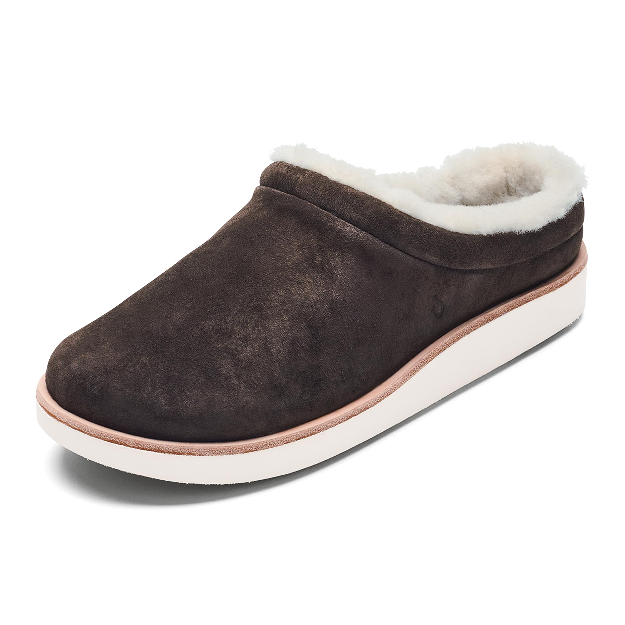 OLUKAI Mani Womens Leather Mule Slippers Soft Comfortable Slippers with Fleece Lining Thick Rubber Outsole All-Day Wear