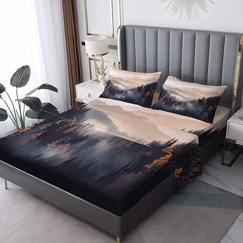 Misty Forest - Juego de sábanas de tamaño Queen, sábanas de microfibra suave con bolsillo profundo y patrón sin arrugas, 4 piezas (1 sábana bajera,