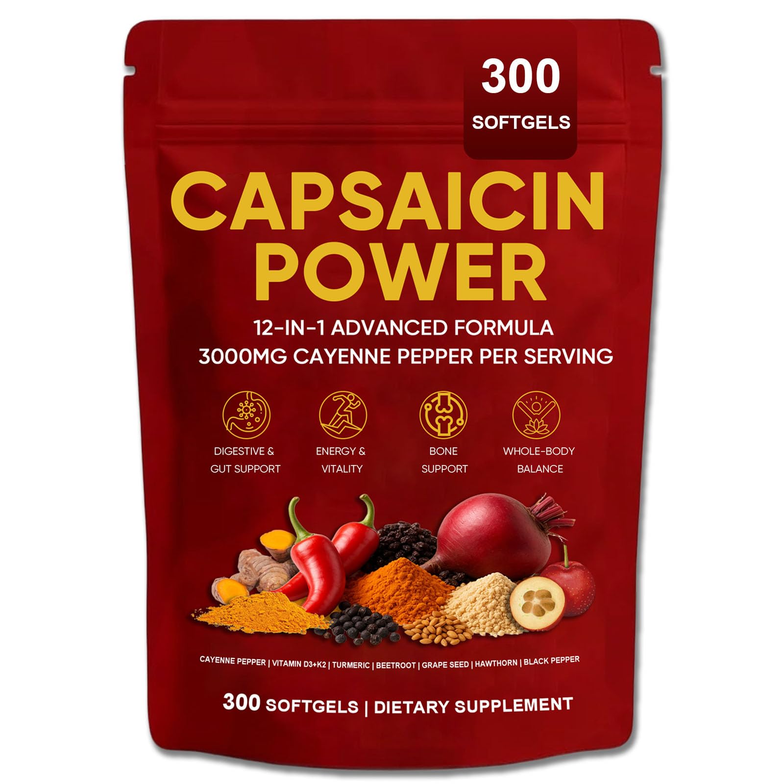 Capsaicin Power - Cayenne Pepper Capsules Supplement, Supports Leg Vein, Circulation & Daily Energy, with Vitamin D3+K2, Beetroot, Grape Seed and Other Extracts, 300 Capsules (1)