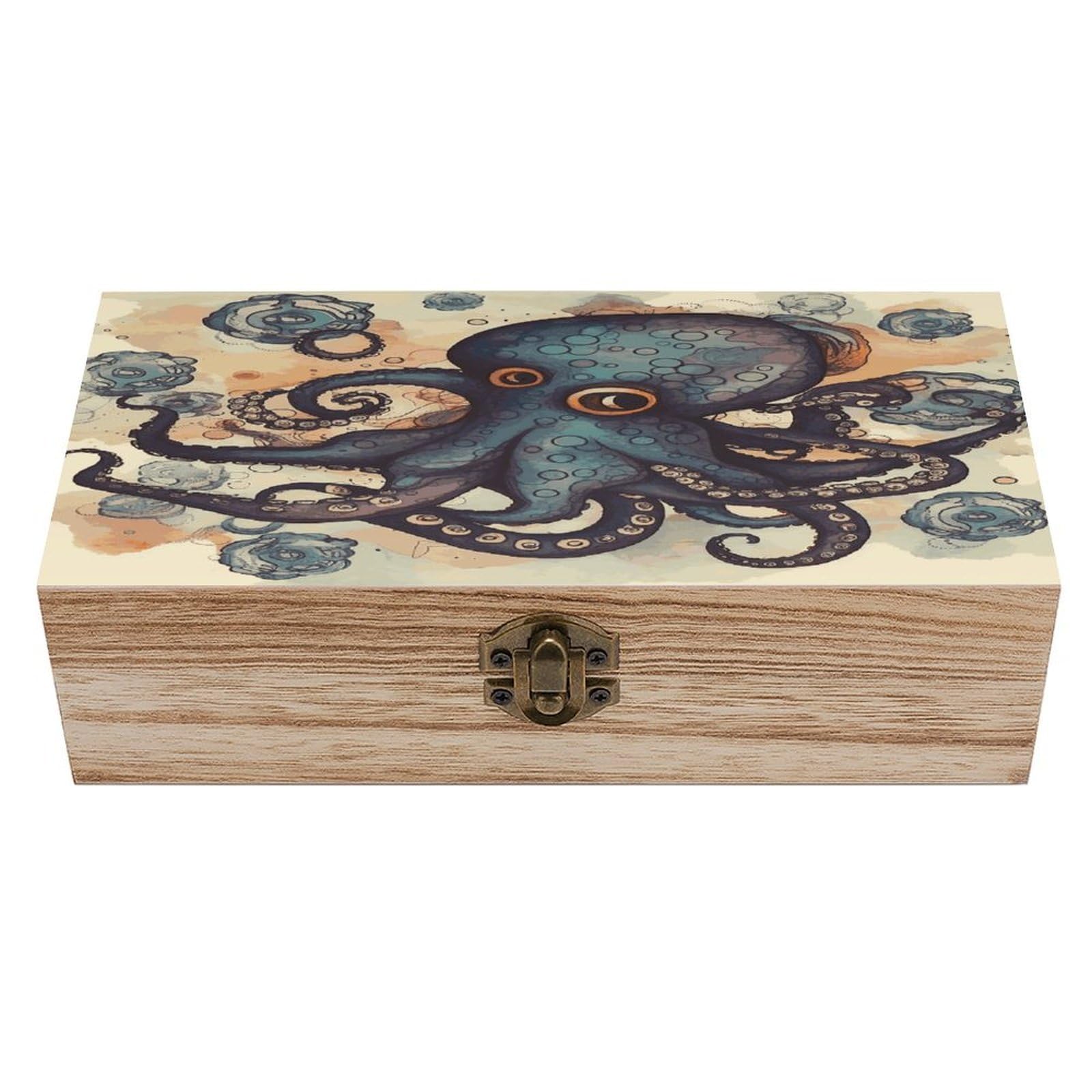 JTREHY Retro Octopus Wooden Keepsake Box Vintage-Style Wood Keepsake Case with Hinged Lid Solid Wood Boxes Beautifully Memory Treasure Case Vintage-Style Wooden Storage Box