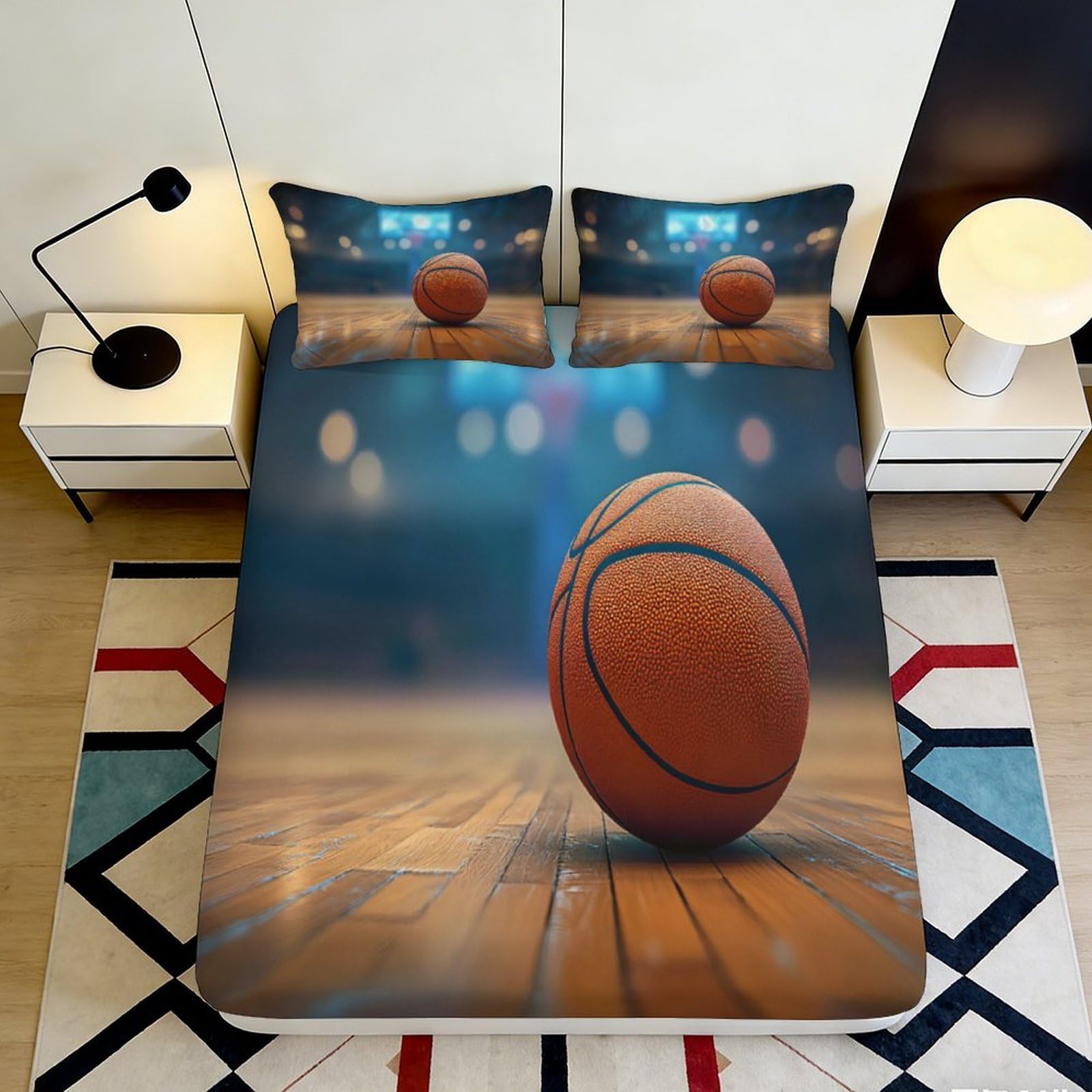 3D Printed Basketball Fitted Sheet Microfiber Soft Breathable Sports Court Bed Cover for Bedroom Dormitory Guest Room Mattress Protection Decor 180x200x25cm