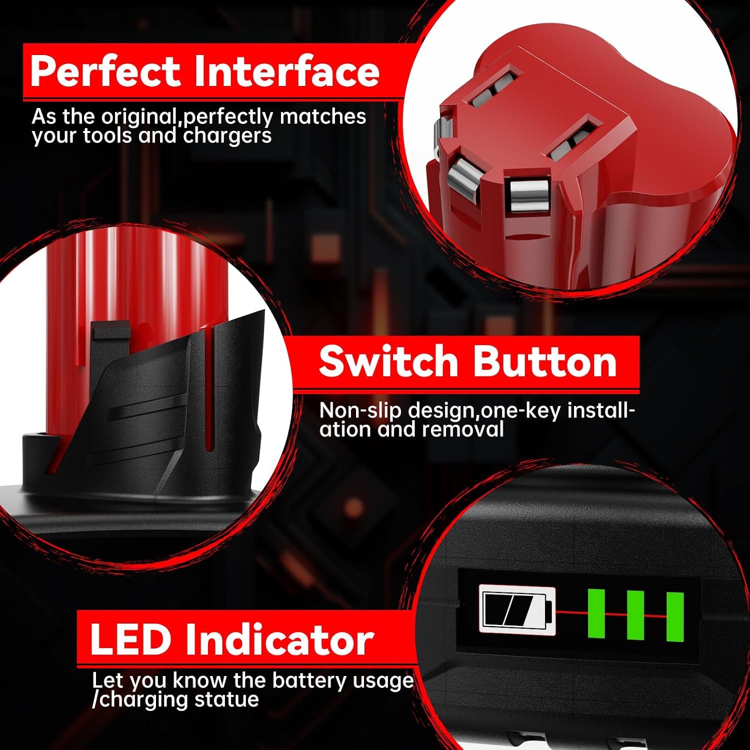 2X 12V 6.0Ah/6000mAh Compatible with for Milwaukee M12, Red-Black-2 - Image 4