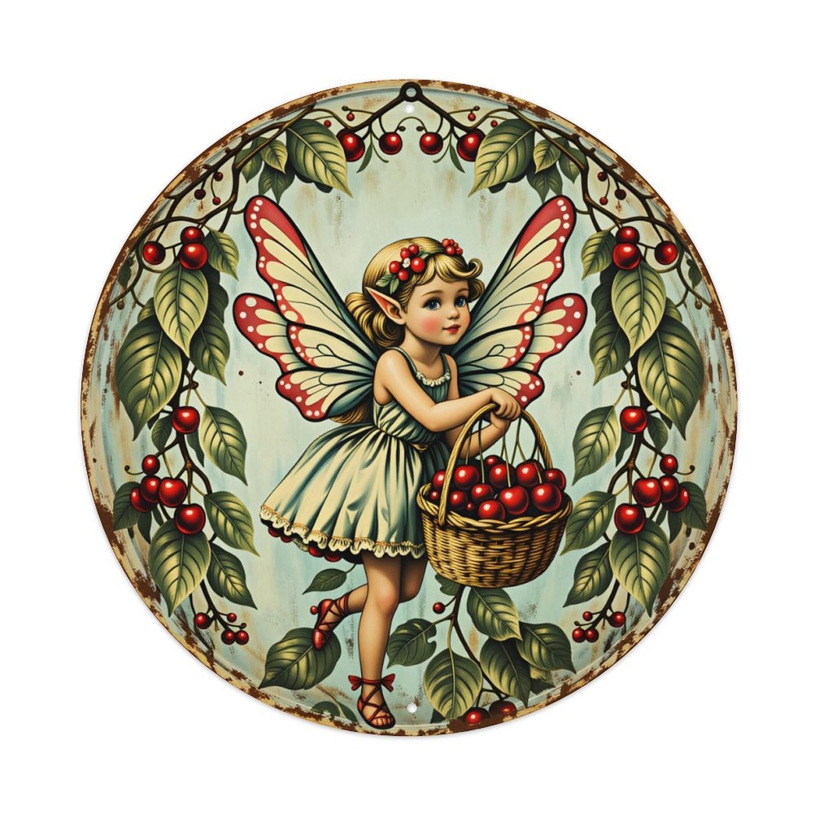 Fairy Cherry Basket Wings Leaves Round Tin Sign Vintage Style Metal Sign Home Bar Garden Wall Plaque Decor Metal Poster 8x8 Inch