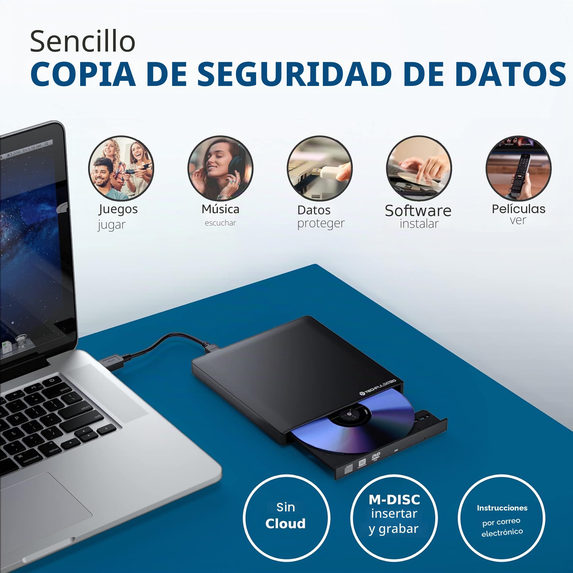 techPulse120 Grabadora de 4K UHD BLU-Ray Externa USB 3.1 USB-C Deluxe Paquete Reproductor Aluminio Negro