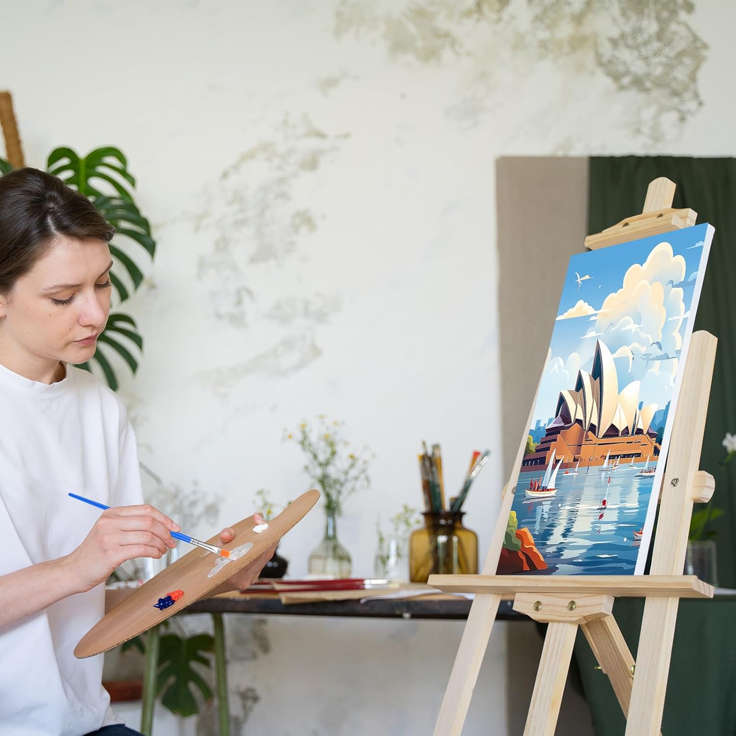 RoundFunny 12 Set Paint by Numbers Kit for Adults Cityscape Painting 8x10 Inch with Wooden Frame Easel Acrylic Paints Brushes Watercolor Oil Paint by Number Gifts for Home Wall Decor