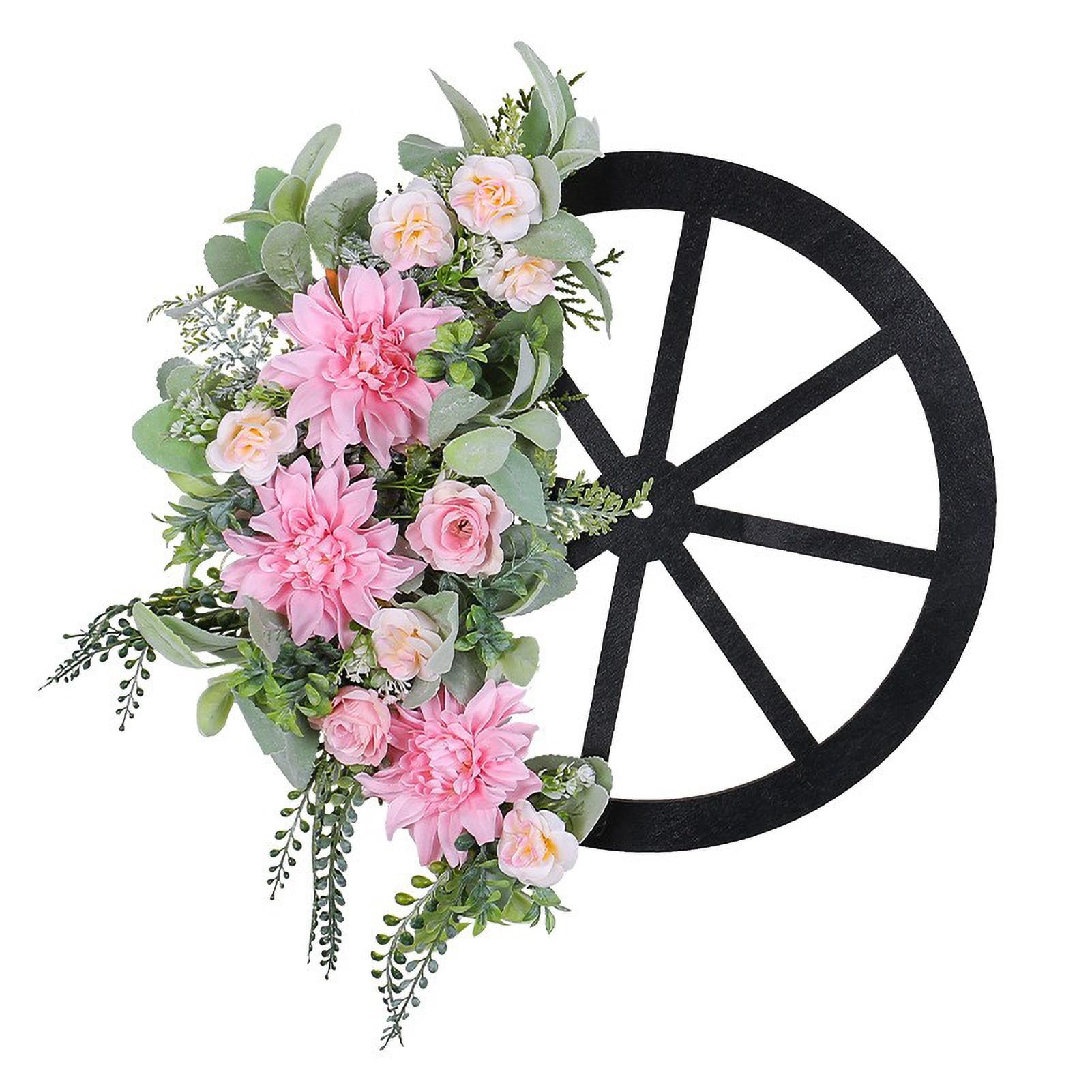 Artificial Spring Flower Wreath, Spring Wheel Wreath, Farmhouse, Cart Wheel Wreath, Door Hanger for Front Door Outdoor Decorations
