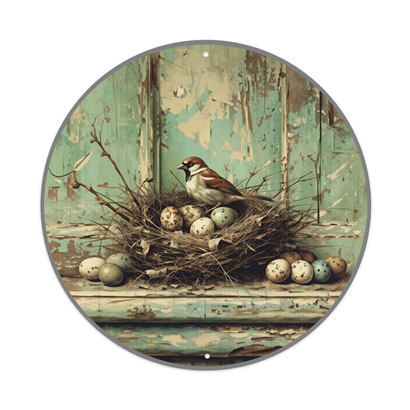 Bird Nest Eggs Wood Door Round Tin Sign Vintage Metal Poster, Home Bar Garage Man Cave Cafe Indoor & Outdoor Wall Decoration 8x8Inches