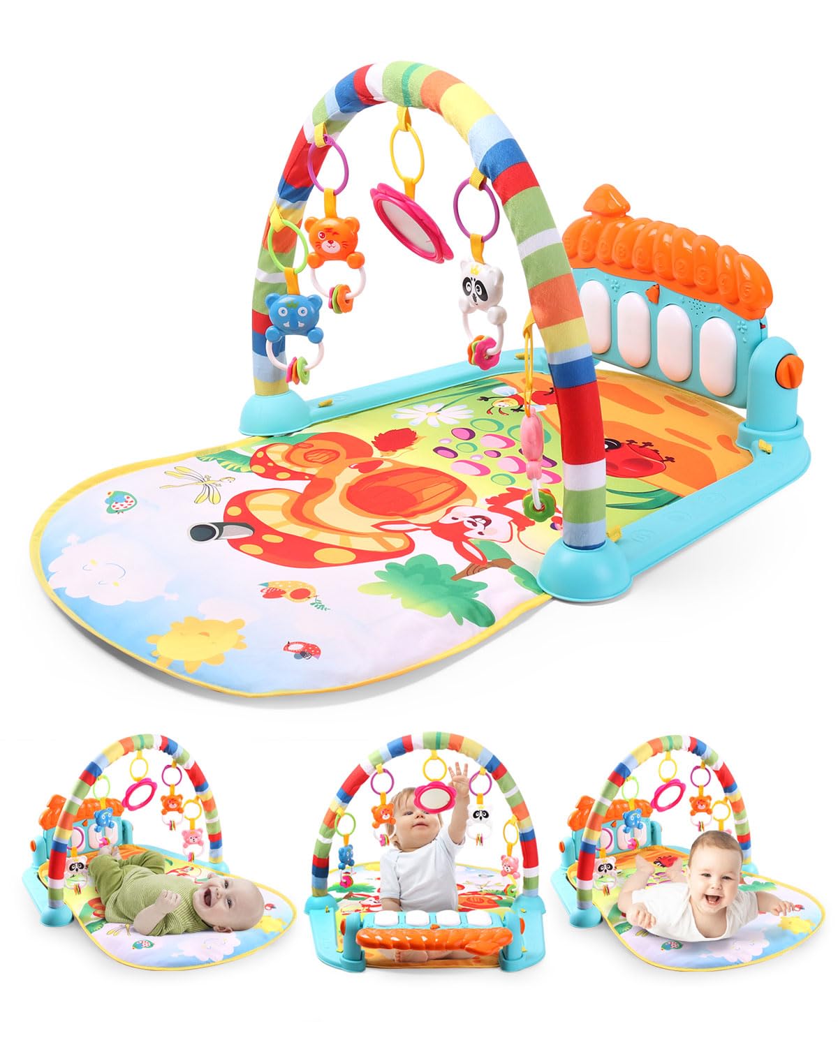 Play Nation Premium Baby Kick and Play Piano Play Gym with Hanging Rattles, Whale Theme Infant Crawling Baby Play Mat Carpet,Activity Playmat Toys for Newborn & 0+ Months, Gift for Babies & Kids, Cyan