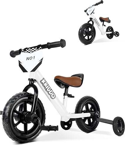 KRIDDO 2-in-1 Kids Tricycle and Toddler Balance Bike 2 Year Old, Detachable Pedals and Stowable Training Wheels, DIY Plate, Riding Trikes Toy for Ages 18 Months to 3 Years, White
