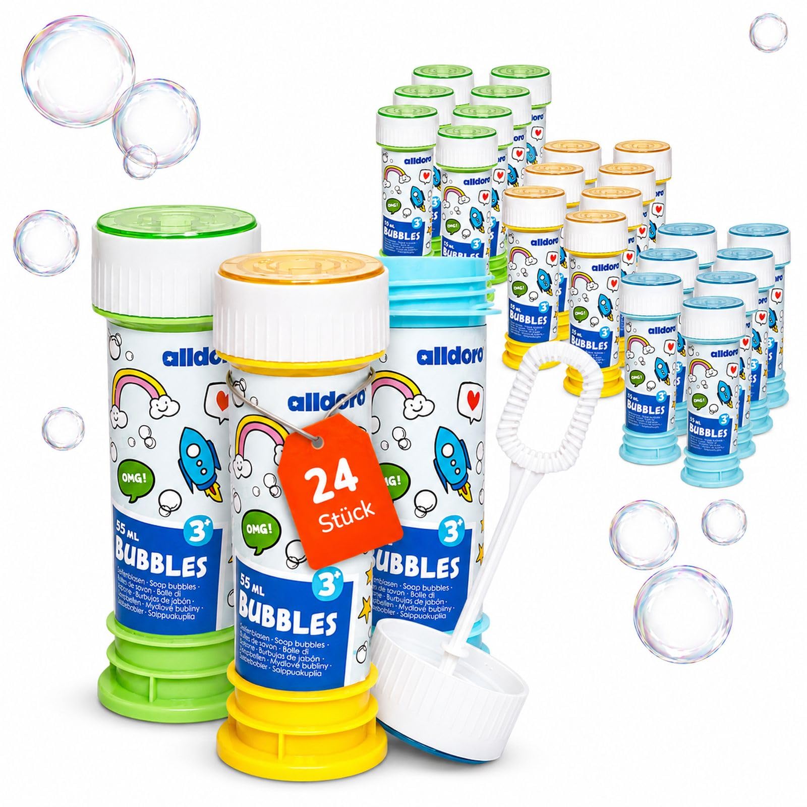 alldoro 63073 Bubble Fun Soap Bubbles Set of 24 Each Tin 55 ml Soap Suds with Dandelion and Labyrinth Game in Lid Value Pack for Weddings, JGA, Children from 36 Months and Adults, Multicoloured
