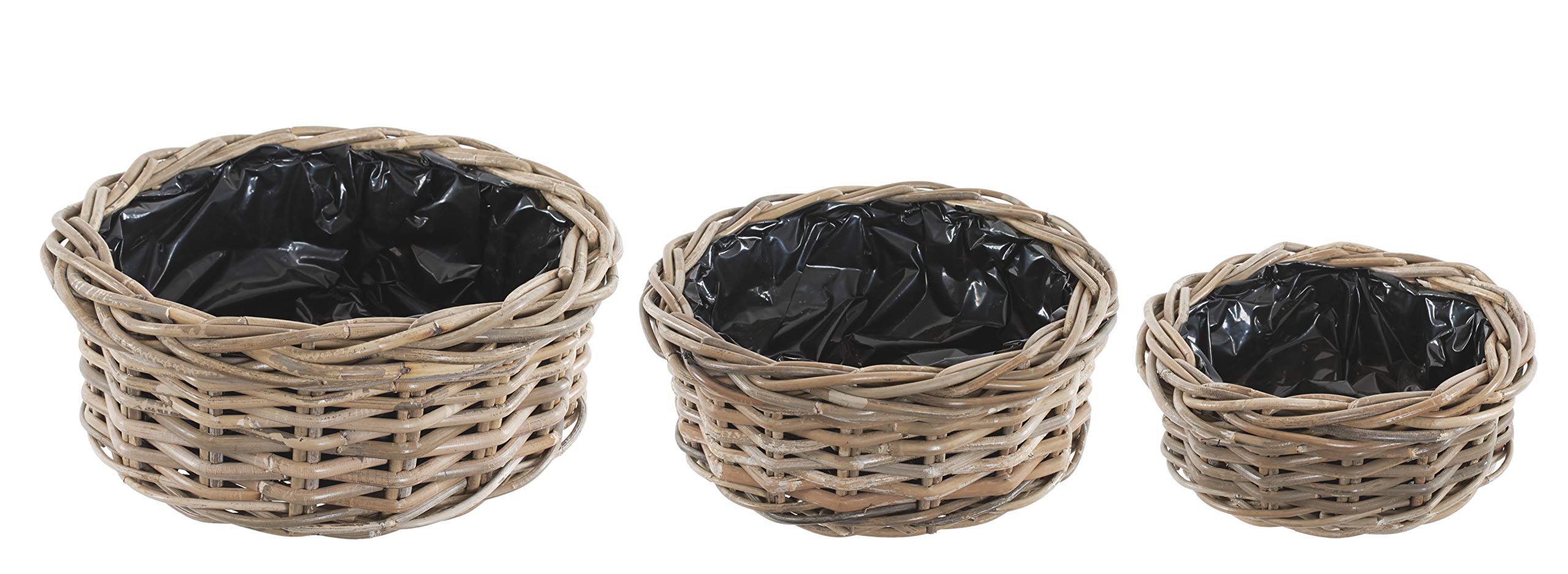 Bliss and Bloom Wicker Planter Indoor/Outdoor SET OF 3 Flower Pot Basket Lined Grey Buff Rattan ROUND