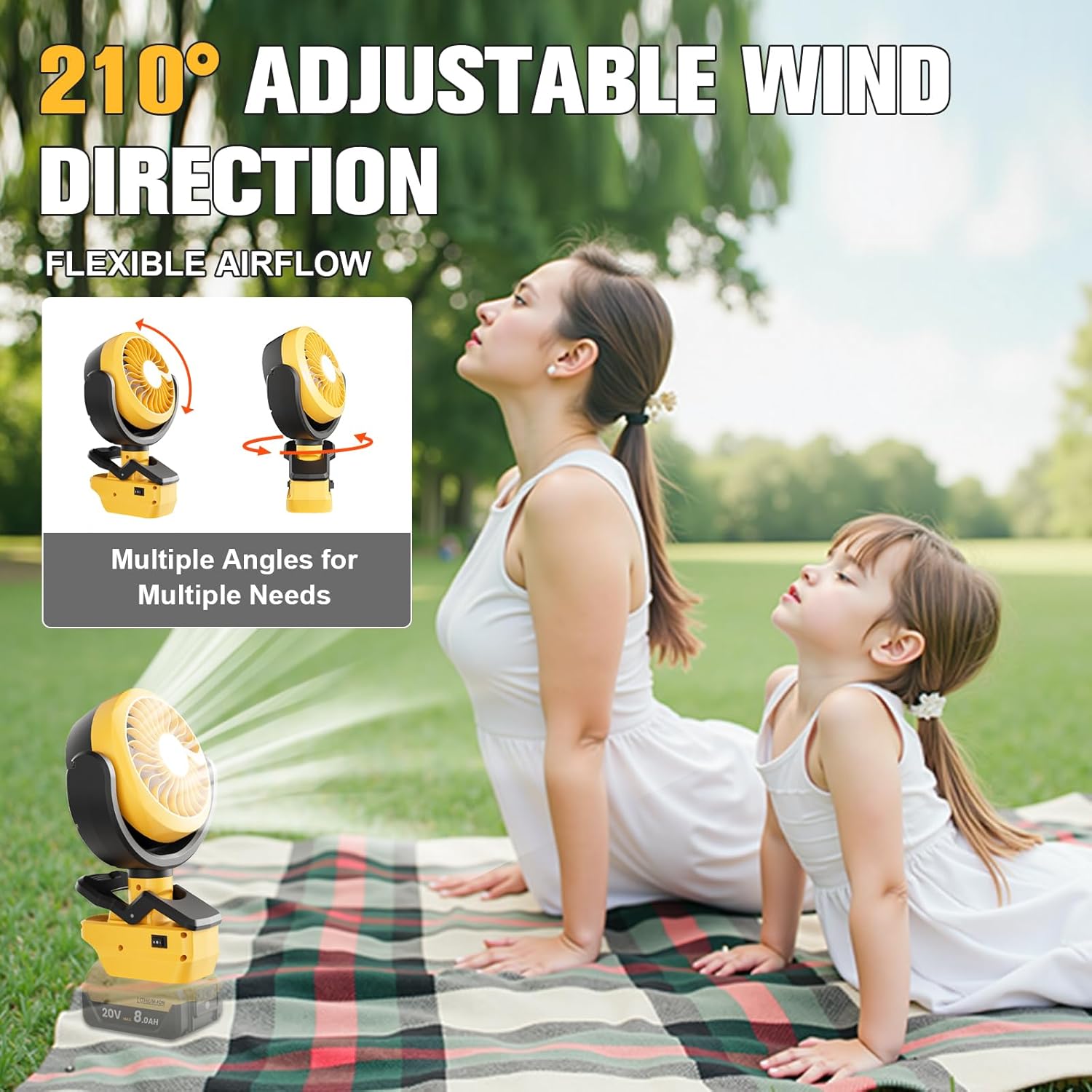 Battery Powered Fan for Dewalt 20V Battery(No Battery), Portable Camping Fan, 210° Adjustable Clip Fans with LED Light, for Jobsite Fishing Outdoor