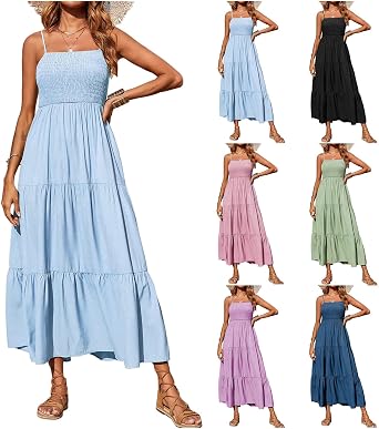 Kubbon Womens Summer Maxi Dress Boho Spaghetti Strap Square Neck Flowy Dresses Casual Sleeveless Smocked Tiered Sundress