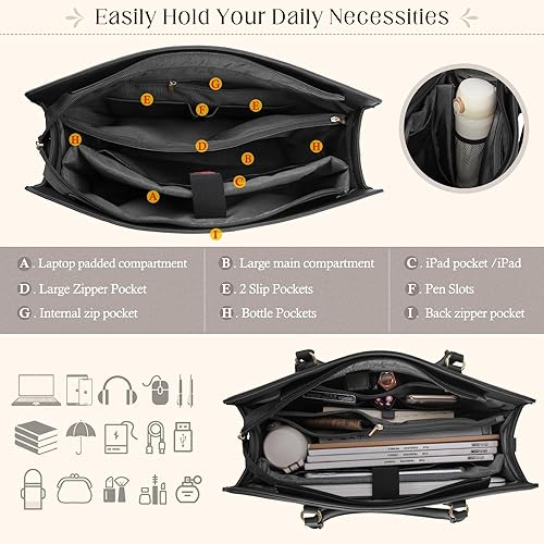 Miniatura 4 de Bolsa para laptop para mujer, 15.6 pulgadas, impermeable, de piel, bolsa de mano para computadora, negocios, oficina, trabajo, maletín de gran