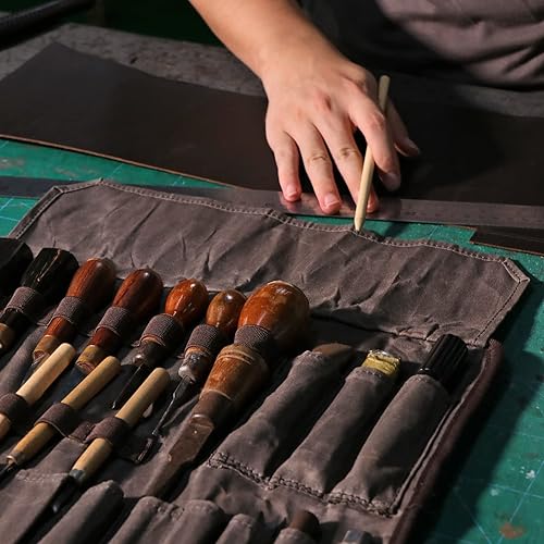 Miniatura 8 de TOURBON Bolsa enrollable para herramientas de lona encerada bolsa de transporte con cincel para tallar madera de 25 bolsillos bolsa de herramientas