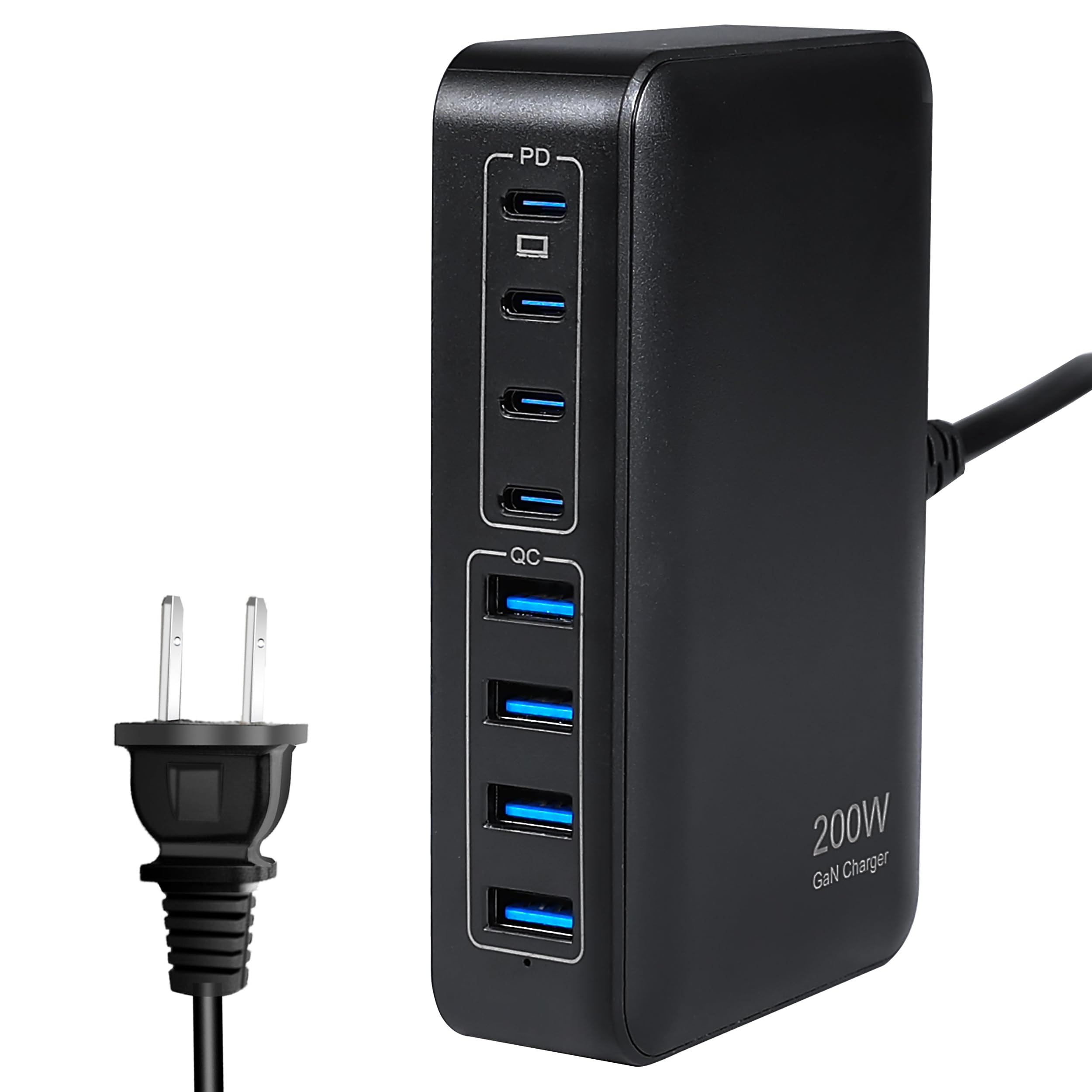 Haioulun GaN 200W 8-Port USB Fast Charging Station | PD 65W Laptop & Multi-Device Adapter | Compatible with MacBook Pro/Air, iPhone 16/15/14, Galaxy S23/22 (Black)