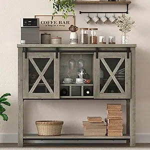 Garvee Farmhouse Console Table, Coffee Bar Sideboard Cabinet Storage with Sliding Barn Doors, Entryway Table with Glass Rack for Kitchen, Dining Room, Hallway, 46.5x15.7x39.3 Inches, Grey