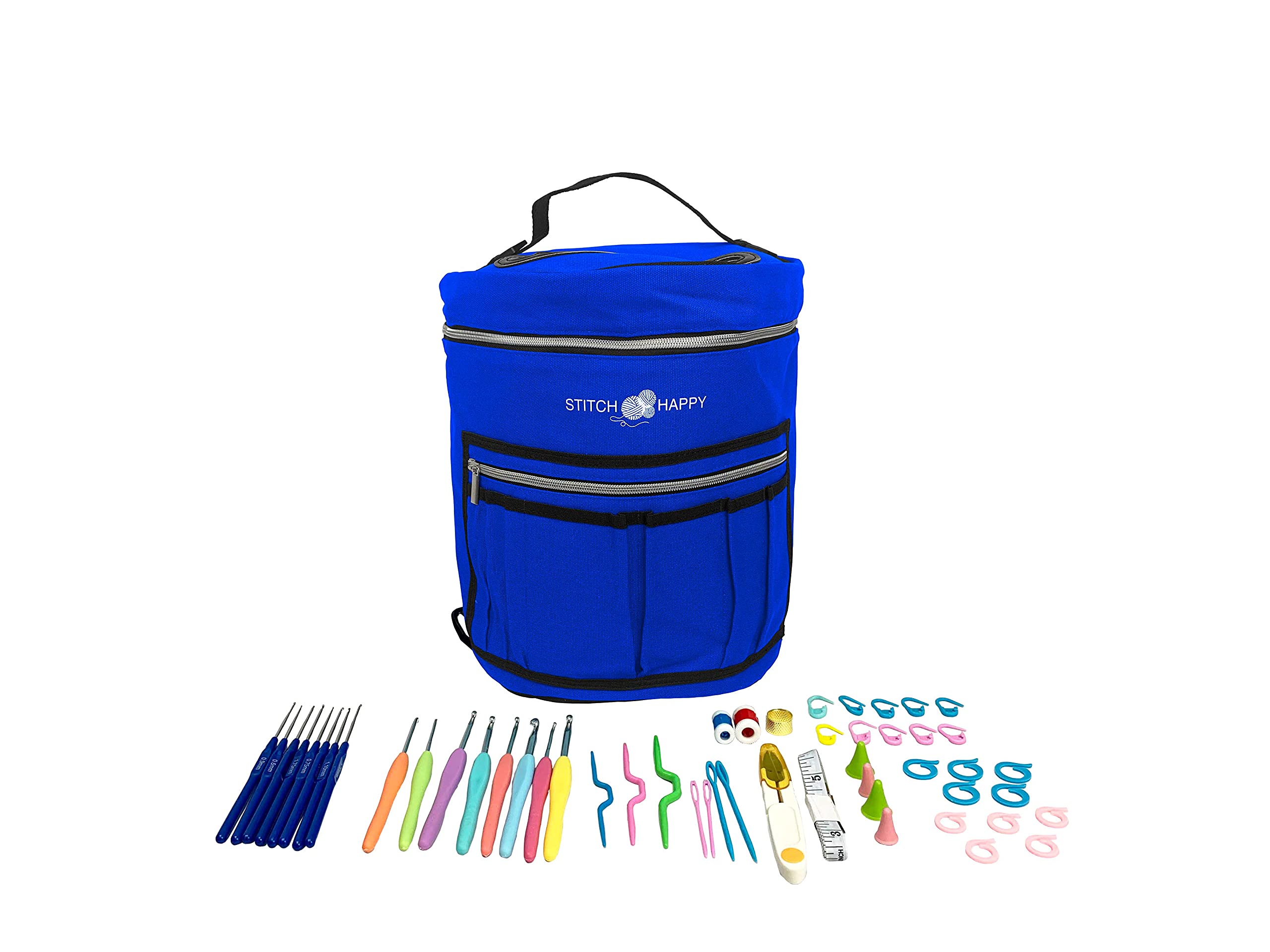 Stitch Happy Designer Crocheting Kit: 52 Piece Crochet Kit for Beginners &amp; 7 Pocket Yarn Bag, Signature Yarn Storage - Cobalt