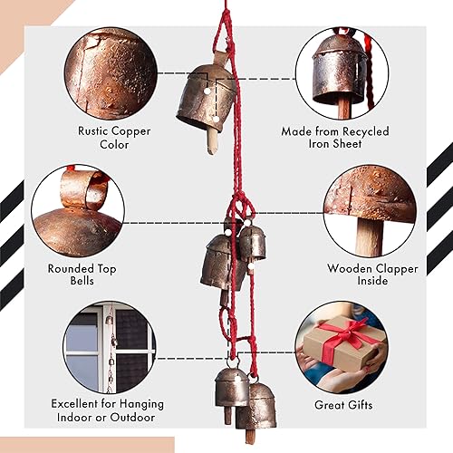 Miniatura 5 de Campanas de viento rústicas hechas a mano con 5 campanas de metal recubiertas de latón (30 pulgadas), campana colgante bohemia para patio al aire