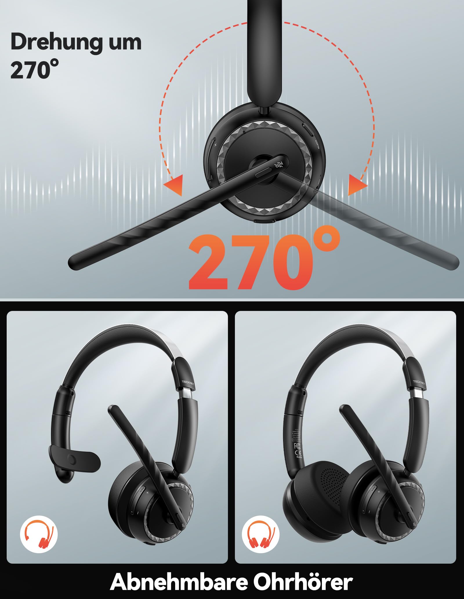 TECKNET V5.3 Bluetooth Headset mit Mikrofon, Wireless Headset mit AI Noise Cancelling Mikrofon, Ladestation, USB-Dongle, 55+ Std. Akku, Wiederaufladbar On-Ear Kopfhörer für Büro, Home, Callcenter