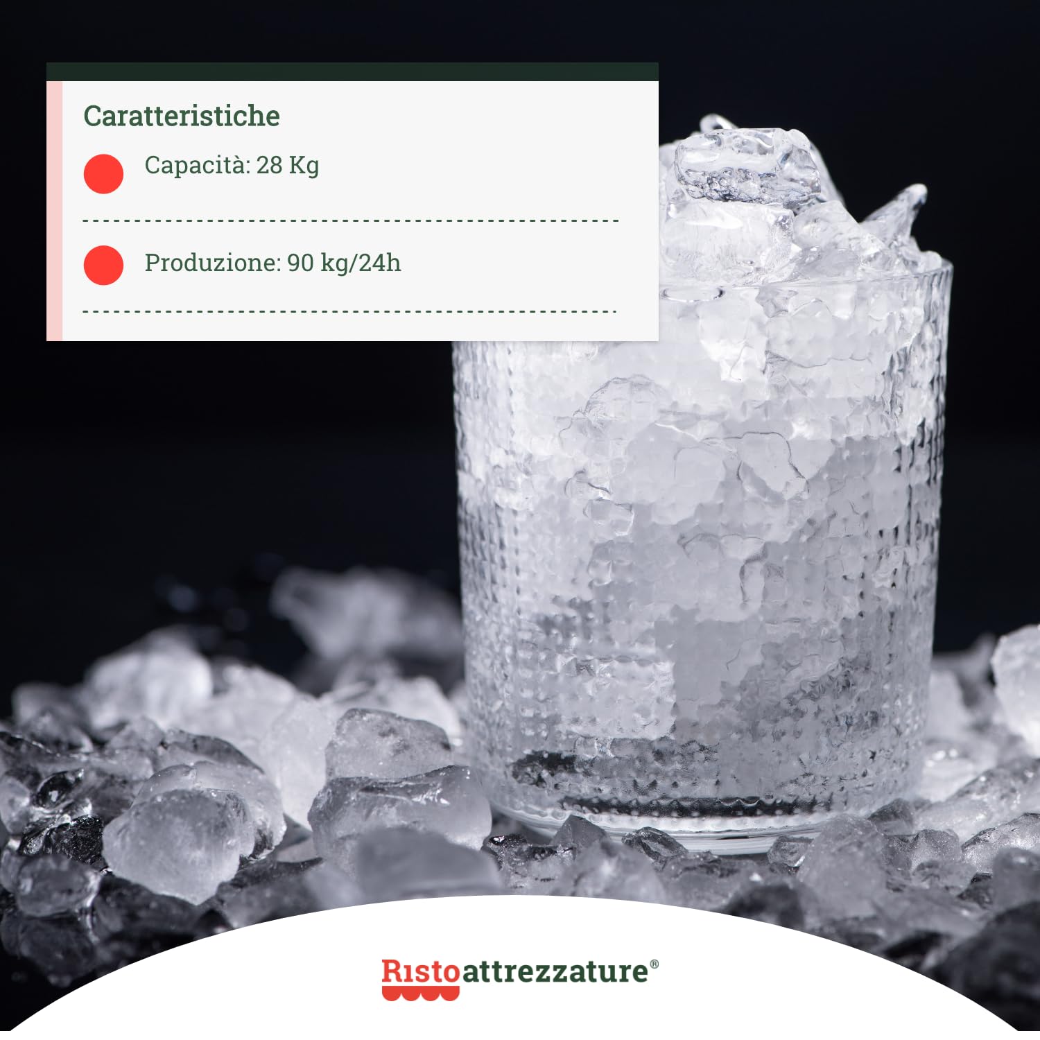 Ristoattrezzature Produttore di ghiaccio cubetti pieni raffredamento aria produzione 90 kg/24h capacità 28 Kg