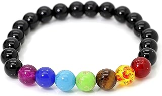 Natural 8mm Gorgeous Semi-Precious Gemstones Crystal Stretch Beaded Bracelet Unisex (Black Onyx (Mixed Beads))