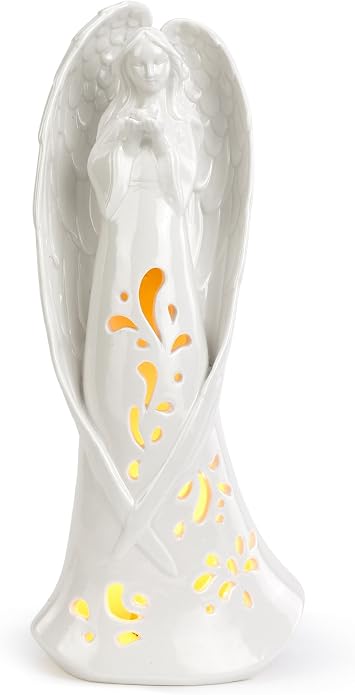 Napco Imports Standing Angel with Design White 5.5 x 12.75 Porcelain LED Tabletop Figurine