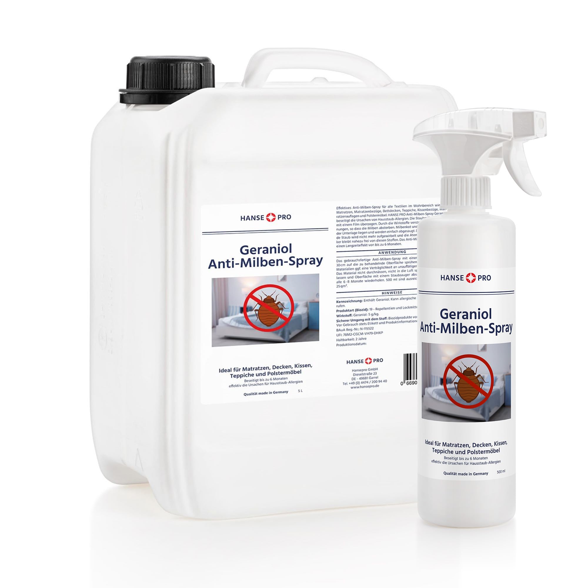 HANSE PRO Geraniol Anti-Milben-Spray, 2 x 500 ml I Hausstaub-Milben-Spray I Milbenschutz I Anti-Milben-Mittel gegen Bettwanzen & Milben I Hausstaubmilben-Allergie I Milben-Bekämpfung